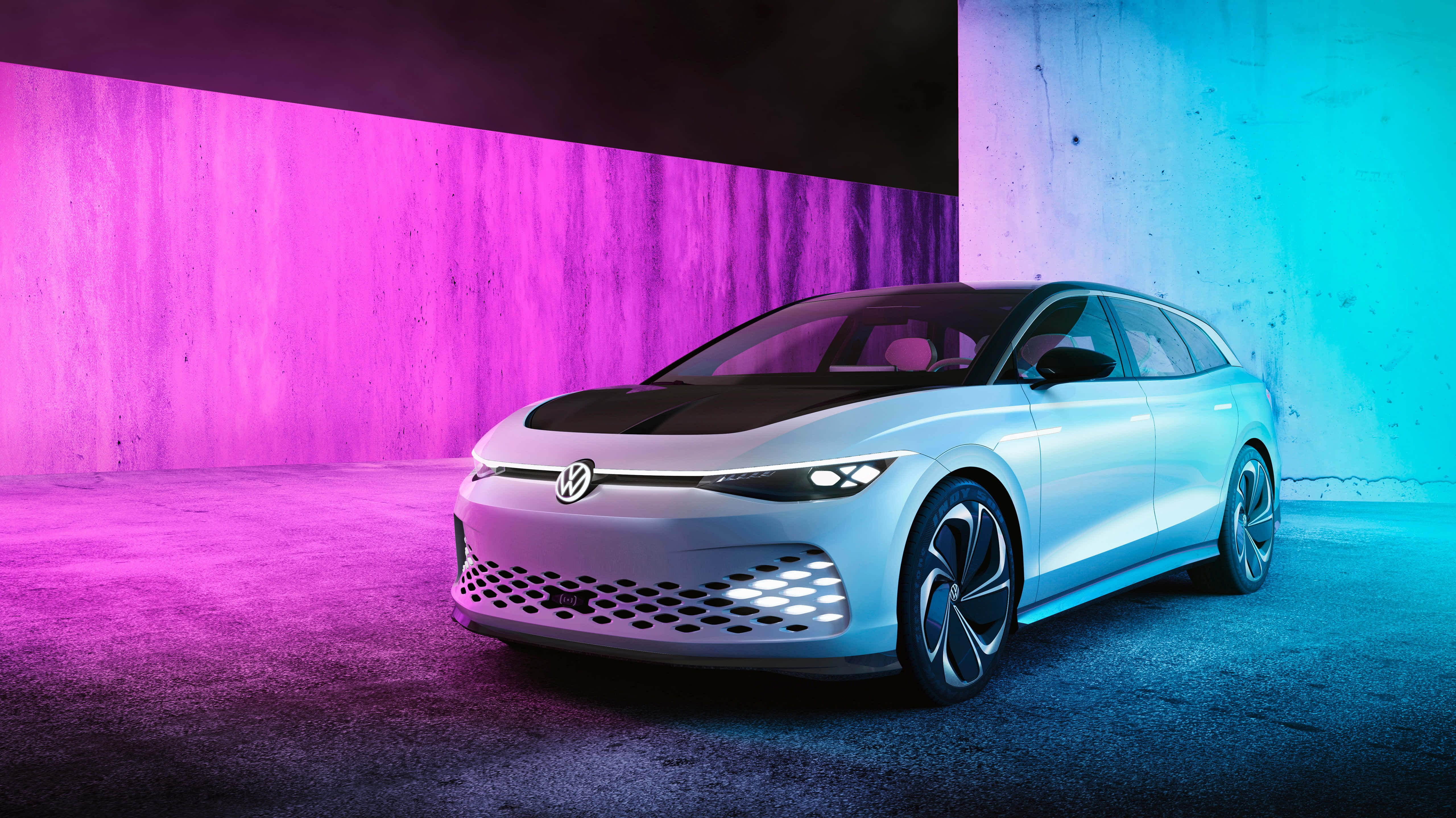 Volkswagen ID 4, white, neon lights, 5K Desktop Wallpaper