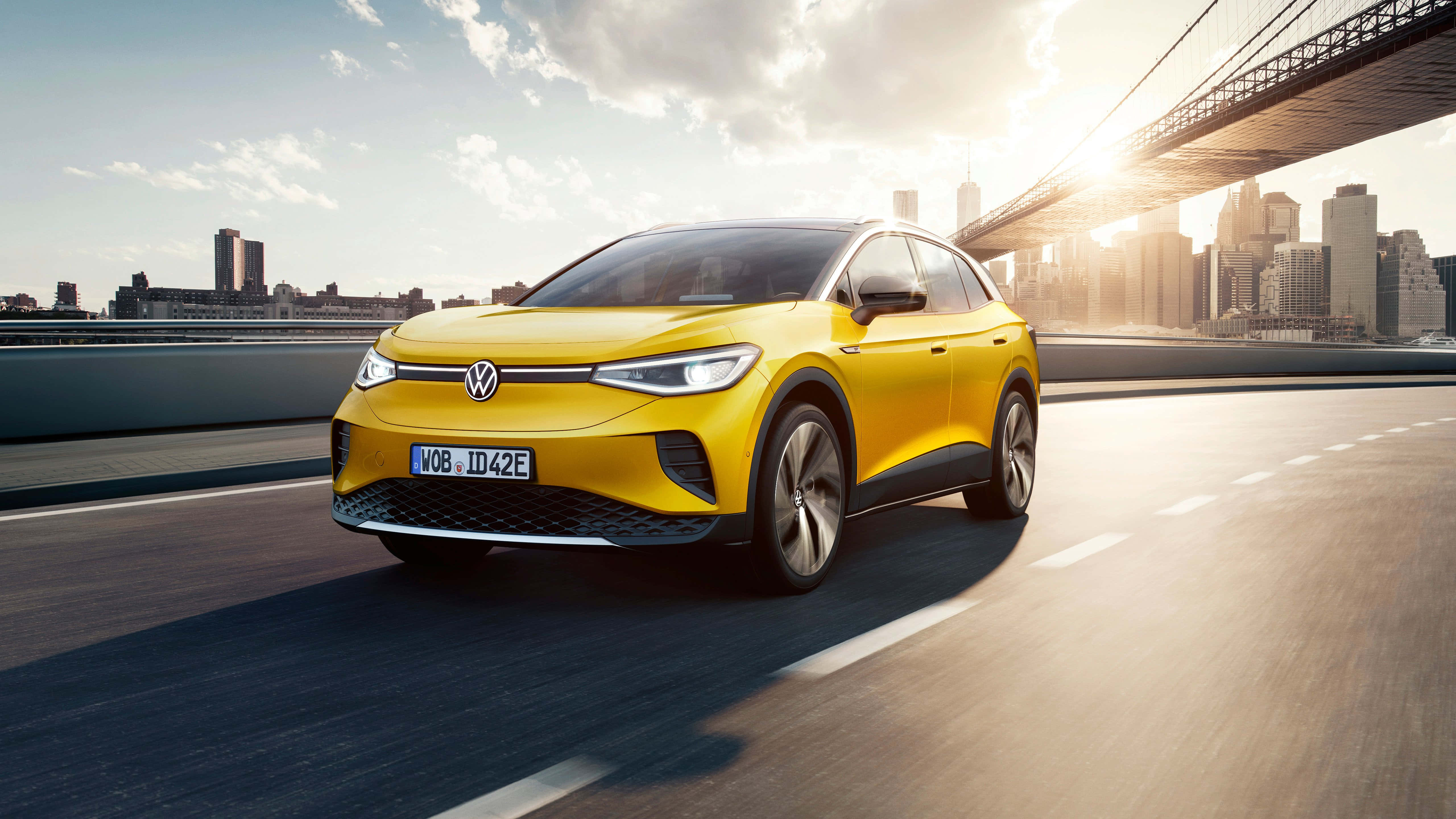 Volkswagen ID 4, yellow, city bridge, 5K Desktop Wallpaper