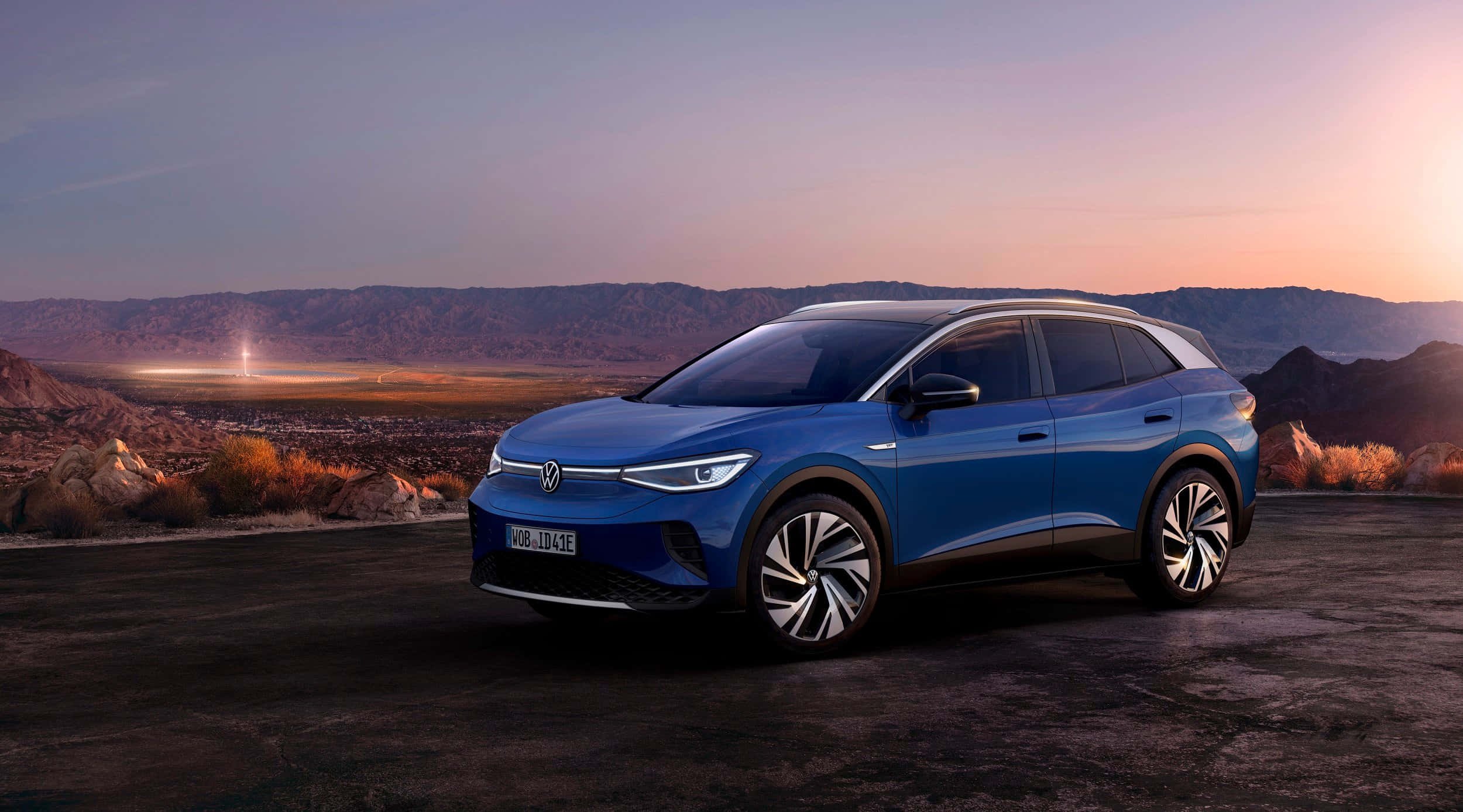 Volkswagen ID.4, sleek blue electric SUV, desert overlook, Full HD Desktop Wallpaper