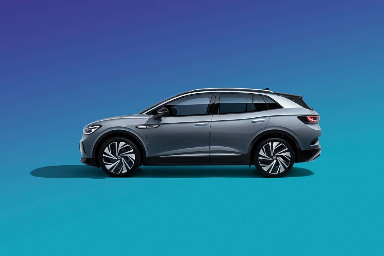 Volkswagen ID 4, sleek silver SUV, gradient blue background, HD Desktop Wallpaper