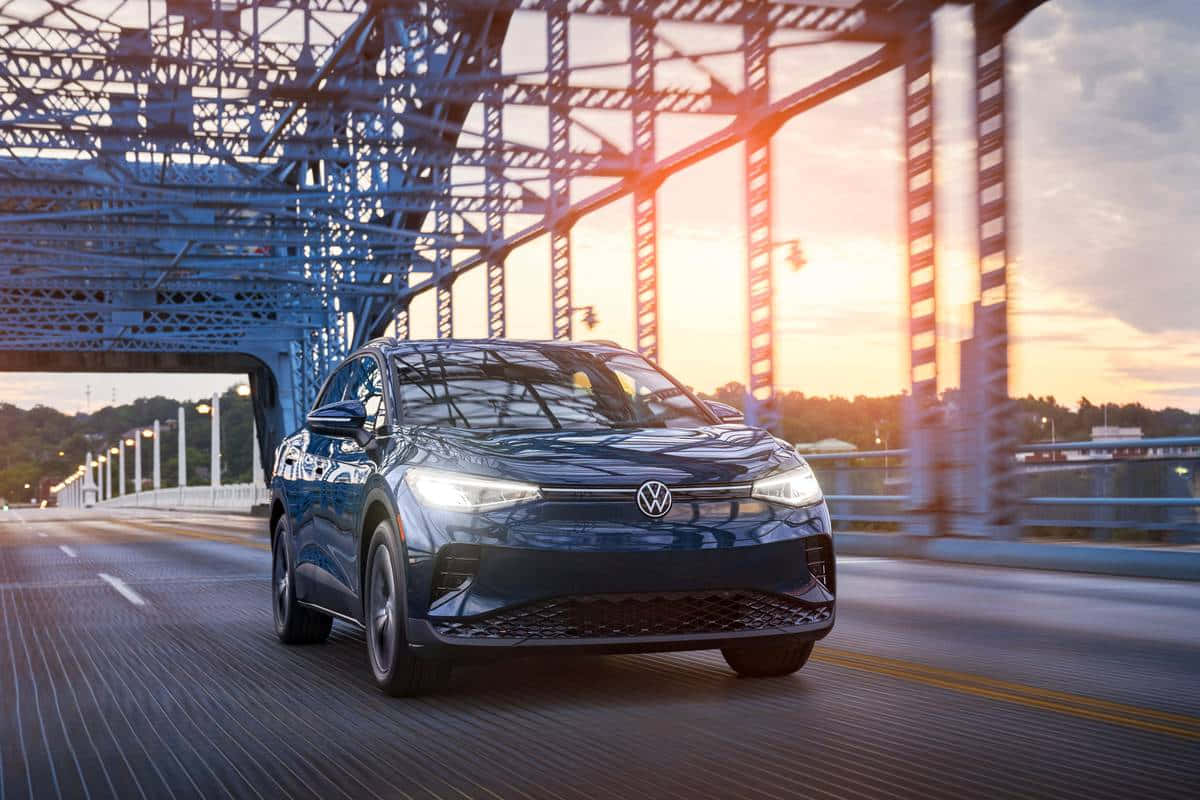 Volkswagen ID 4, blue, steel truss bridge, SD Desktop Wallpaper