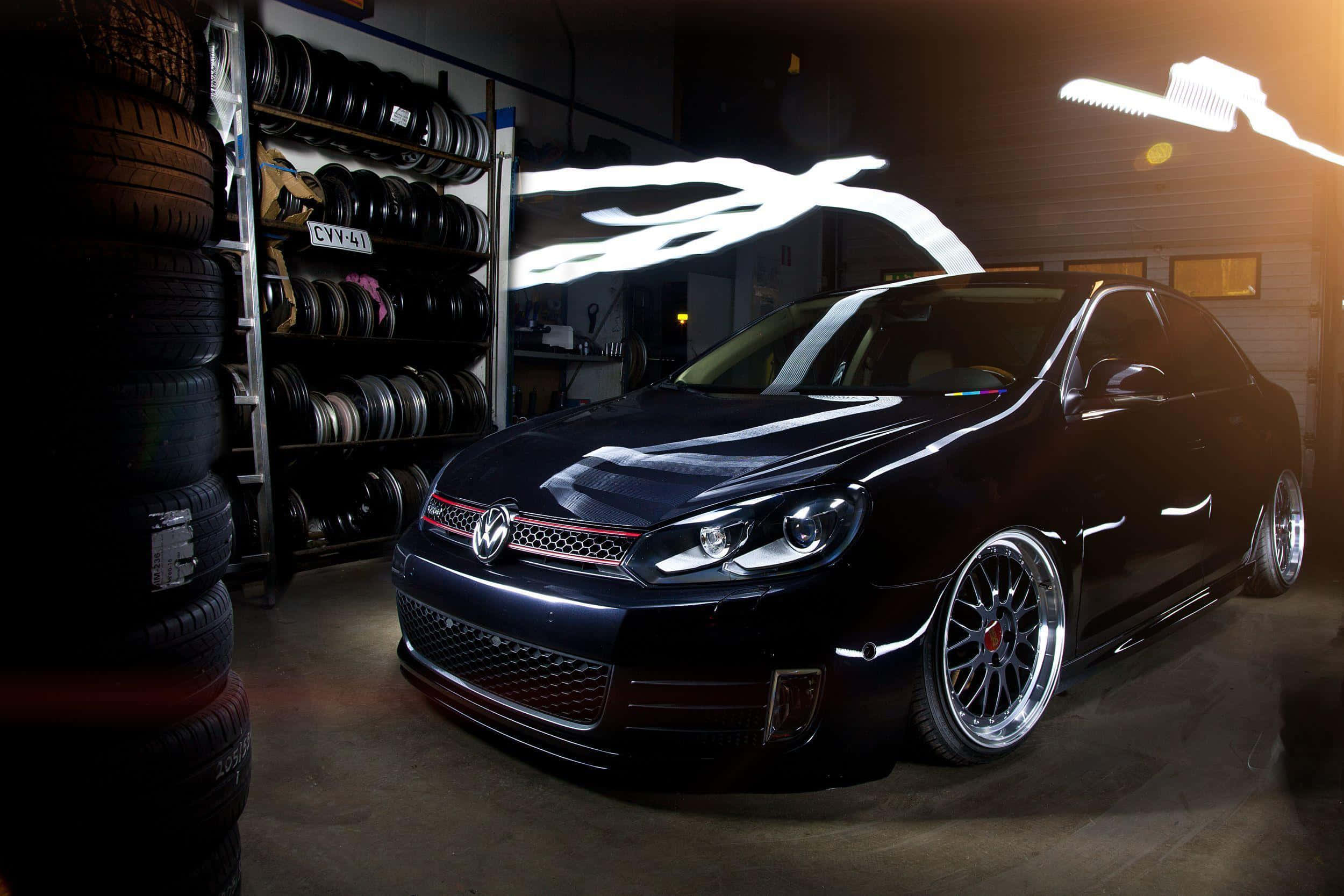 Volkswagen Jetta, glossy black, neon graffiti, Full HD Desktop Wallpaper