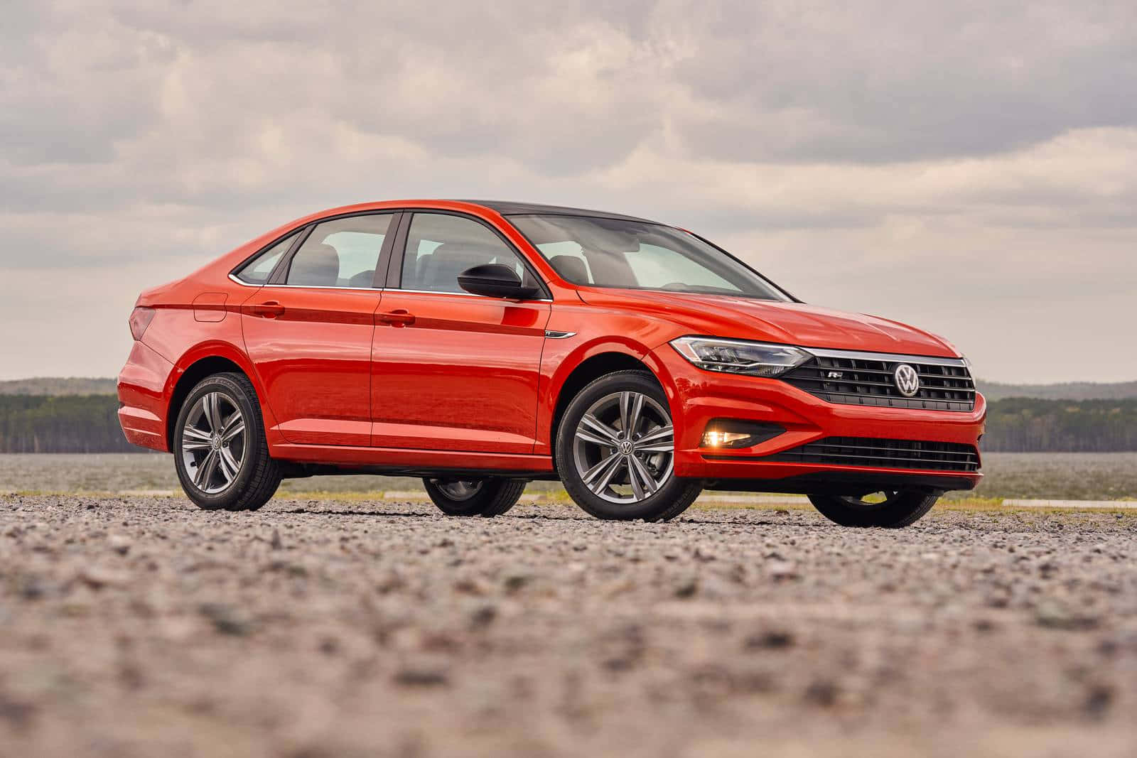 Red Volkswagen Jetta, side view, gravel, HD Desktop Wallpaper