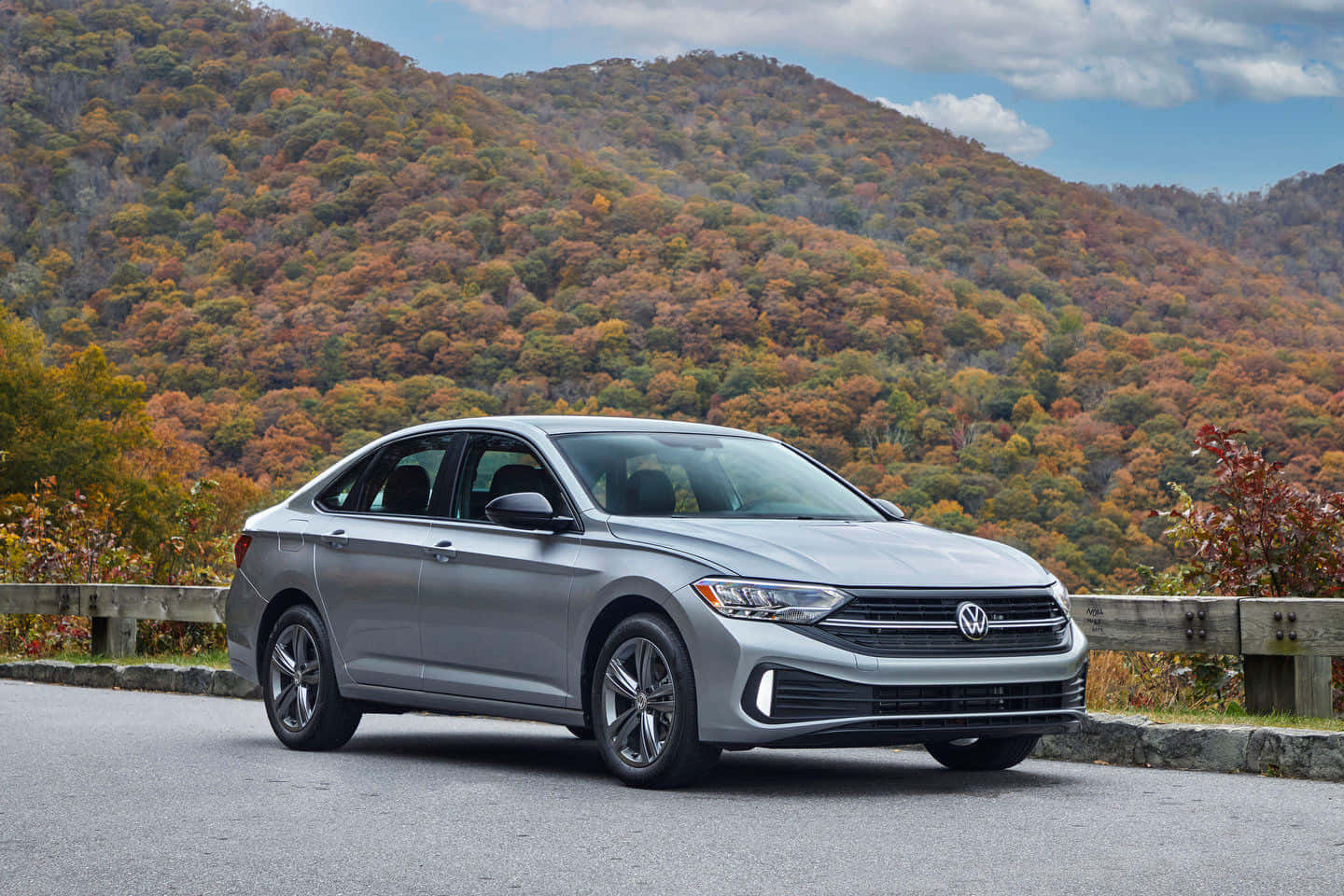 Volkswagen Jetta, silver, autumn forested mountain, HD Desktop Wallpaper