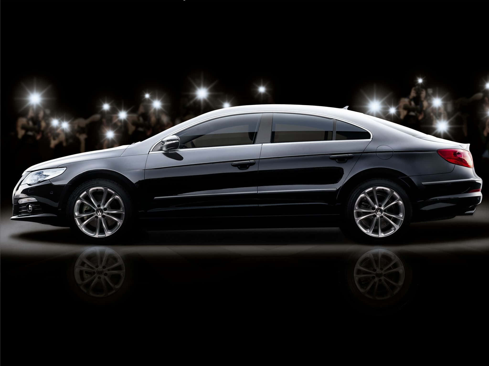 Volkswagen Passat CC, sleek black luxury sedan, spotlight flashes, Full HD Desktop Wallpaper