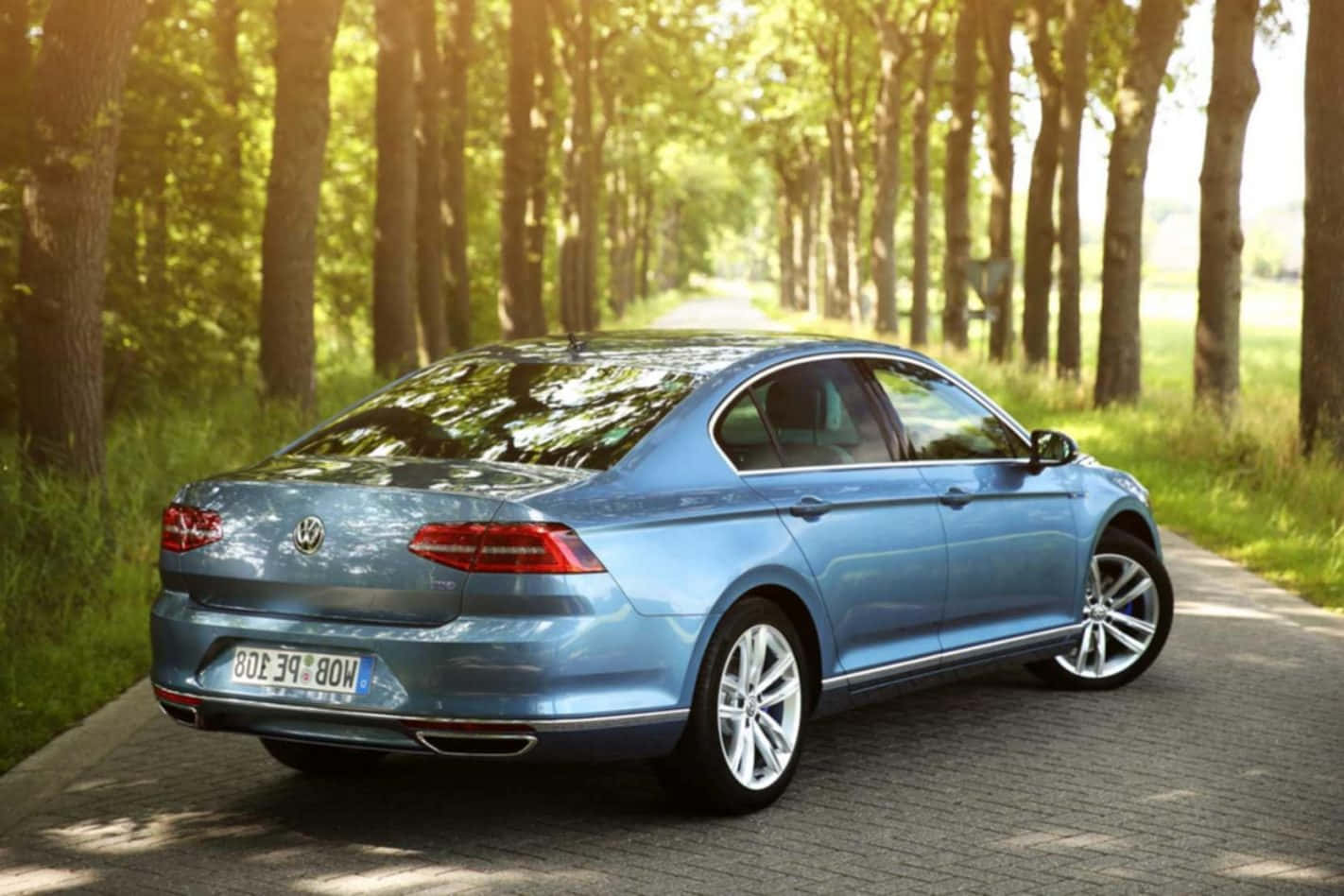 Volkswagen Passat, blue, tree-lined road, HD Desktop Wallpaper