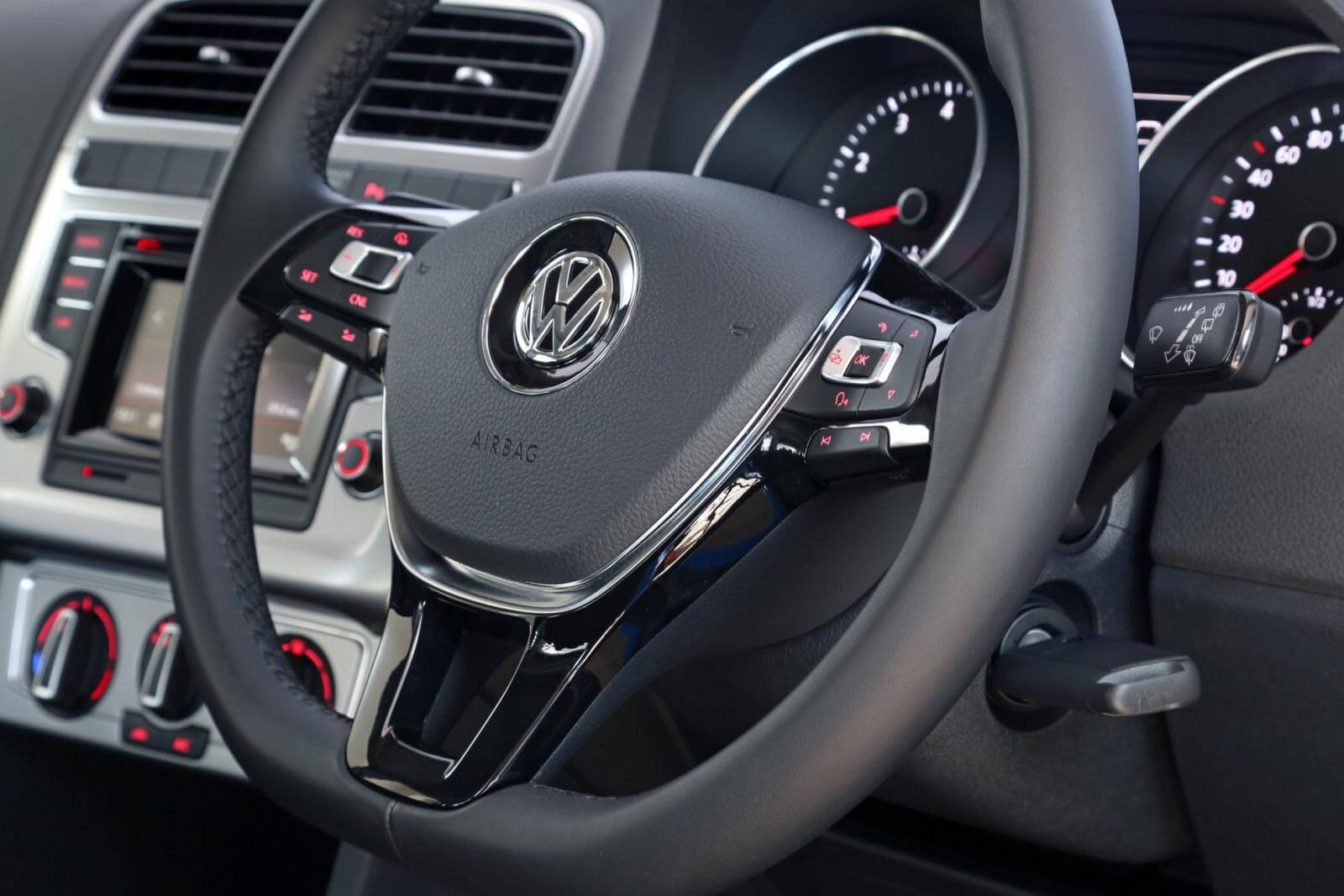 Volkswagen Polo, black leather steering wheel, chrome accents, HD Desktop Wallpaper