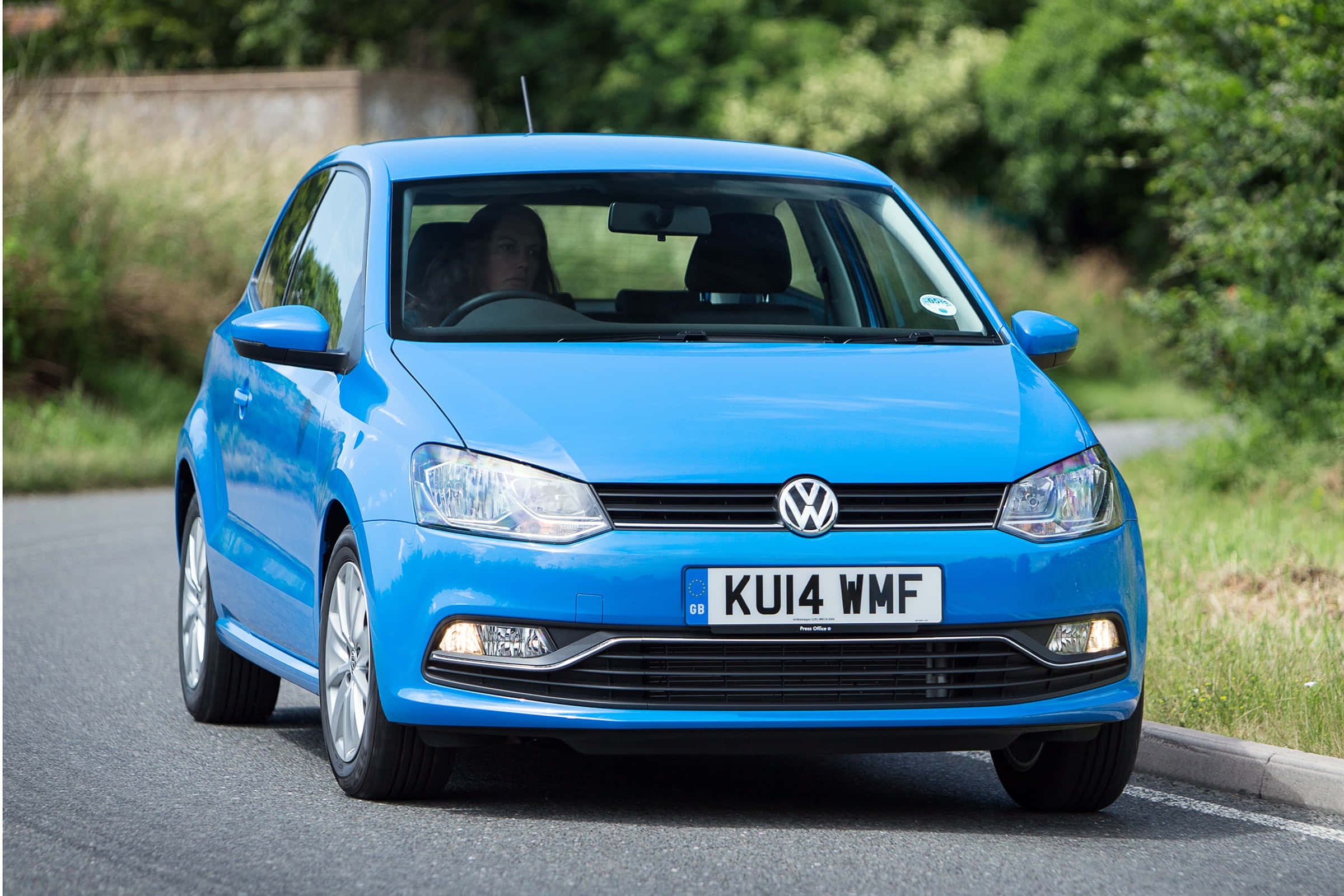 Volkswagen Polo, bright blue, paved road, Full HD Desktop Wallpaper