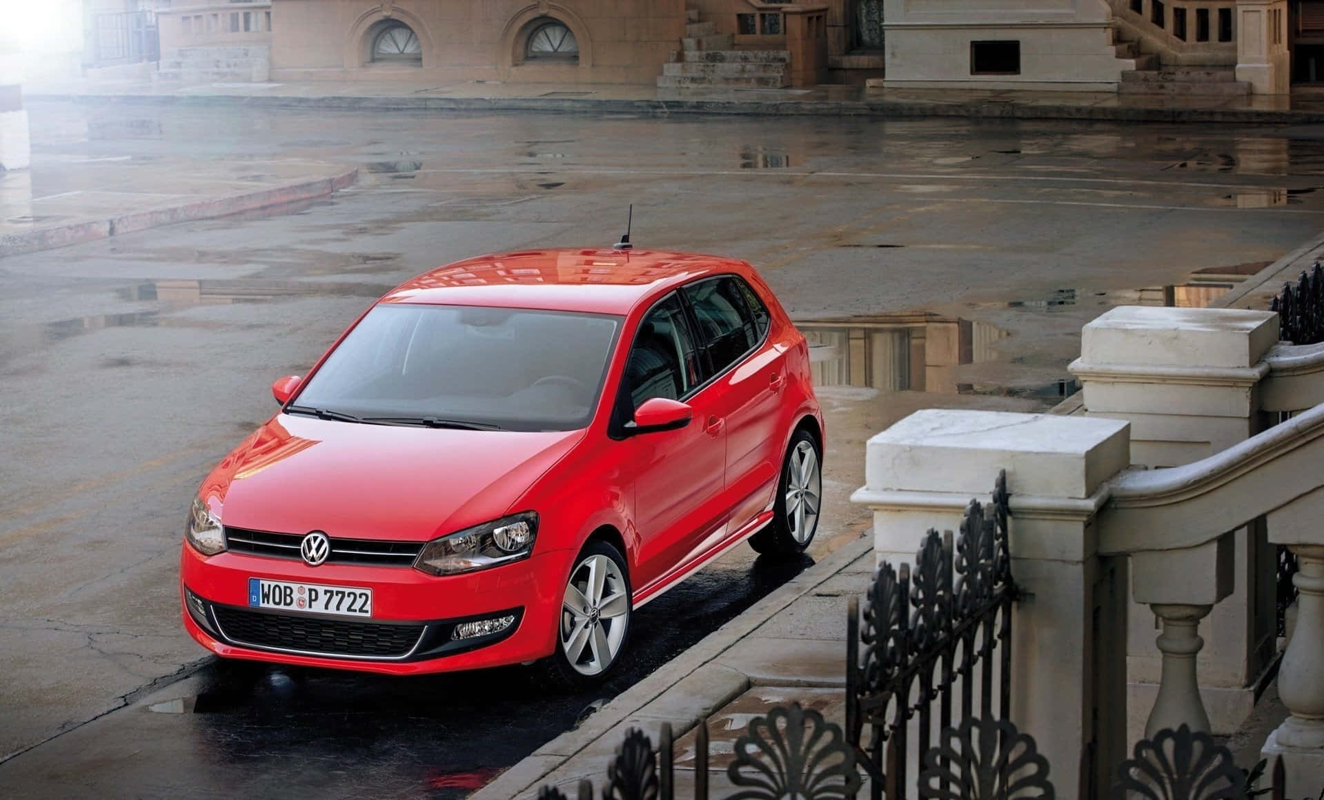 Volkswagen Polo, vibrant red, wet stone plaza, HD Desktop Wallpaper