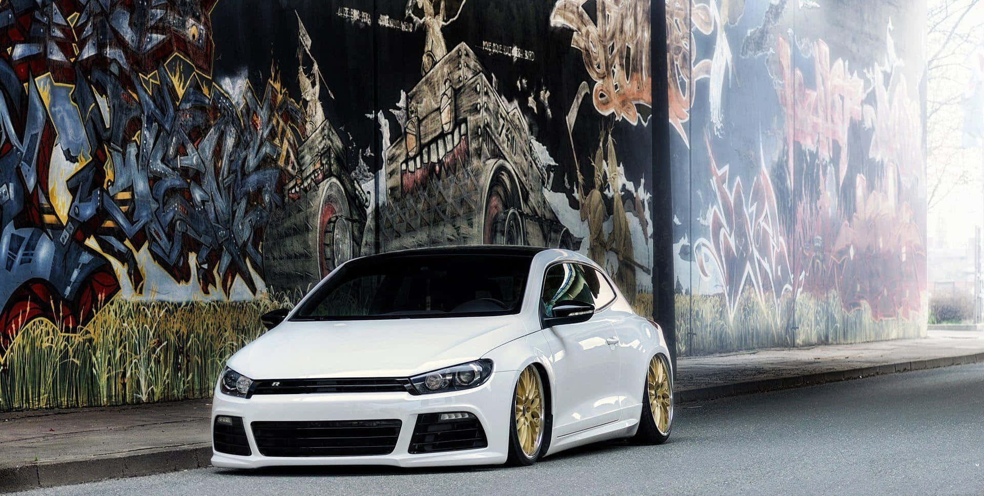 Volkswagen Scirocco, white, gold rims, Full HD Desktop Wallpaper