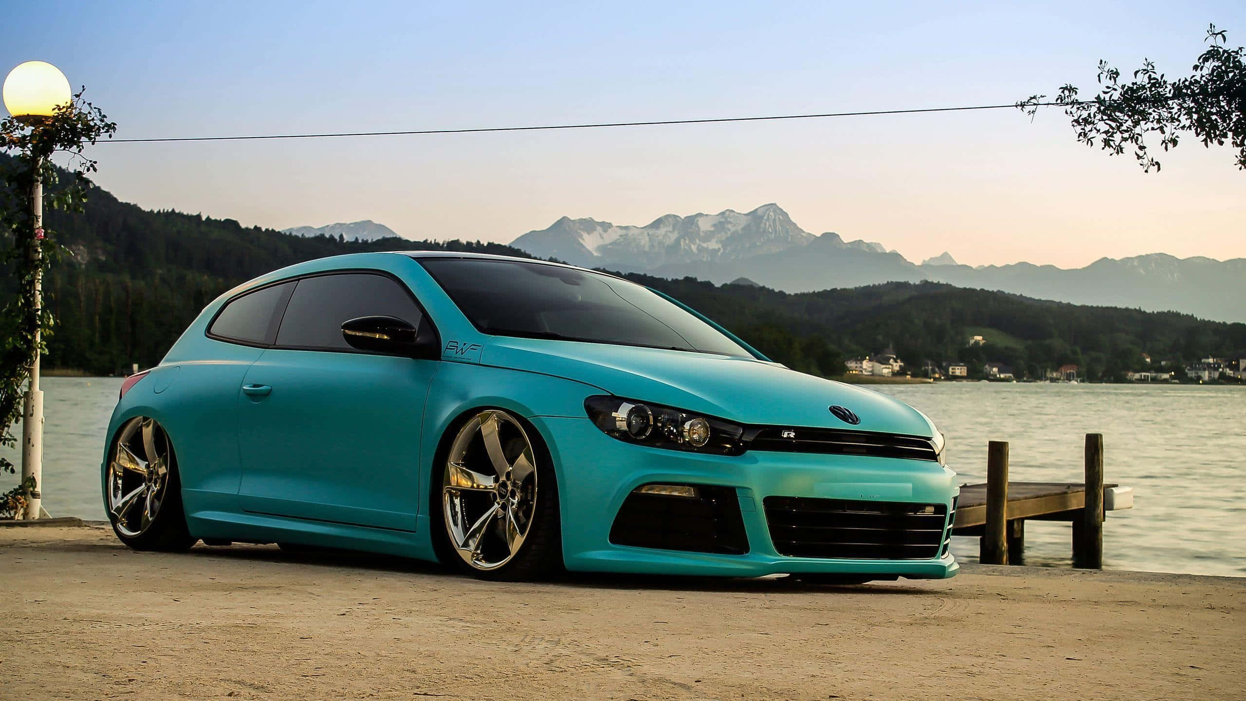 Volkswagen Scirocco, turquoise, lakeside dock, 2K Desktop Wallpaper
