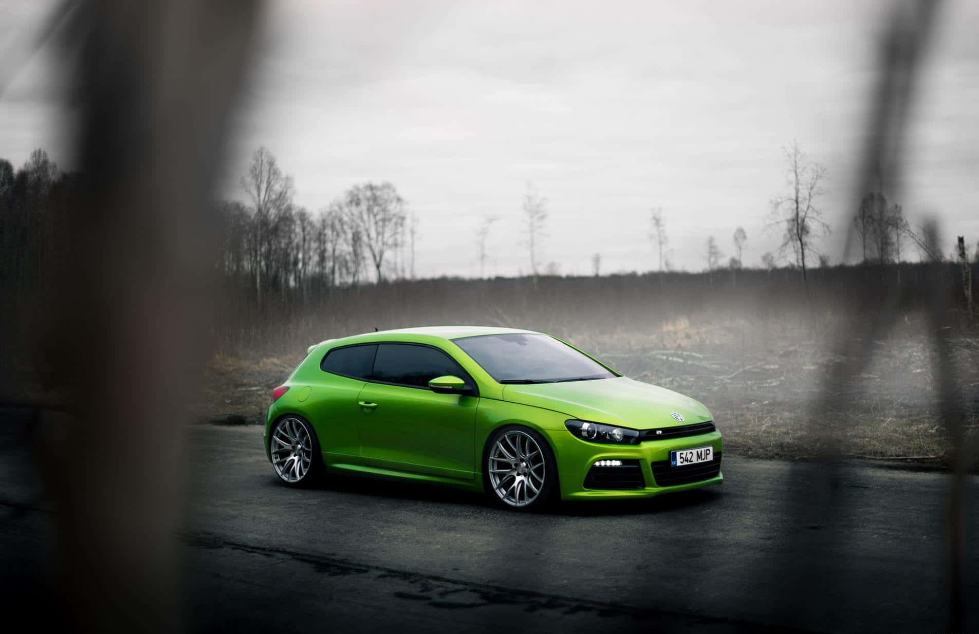 Volkswagen Scirocco, lime green, misty road, HD Desktop Wallpaper