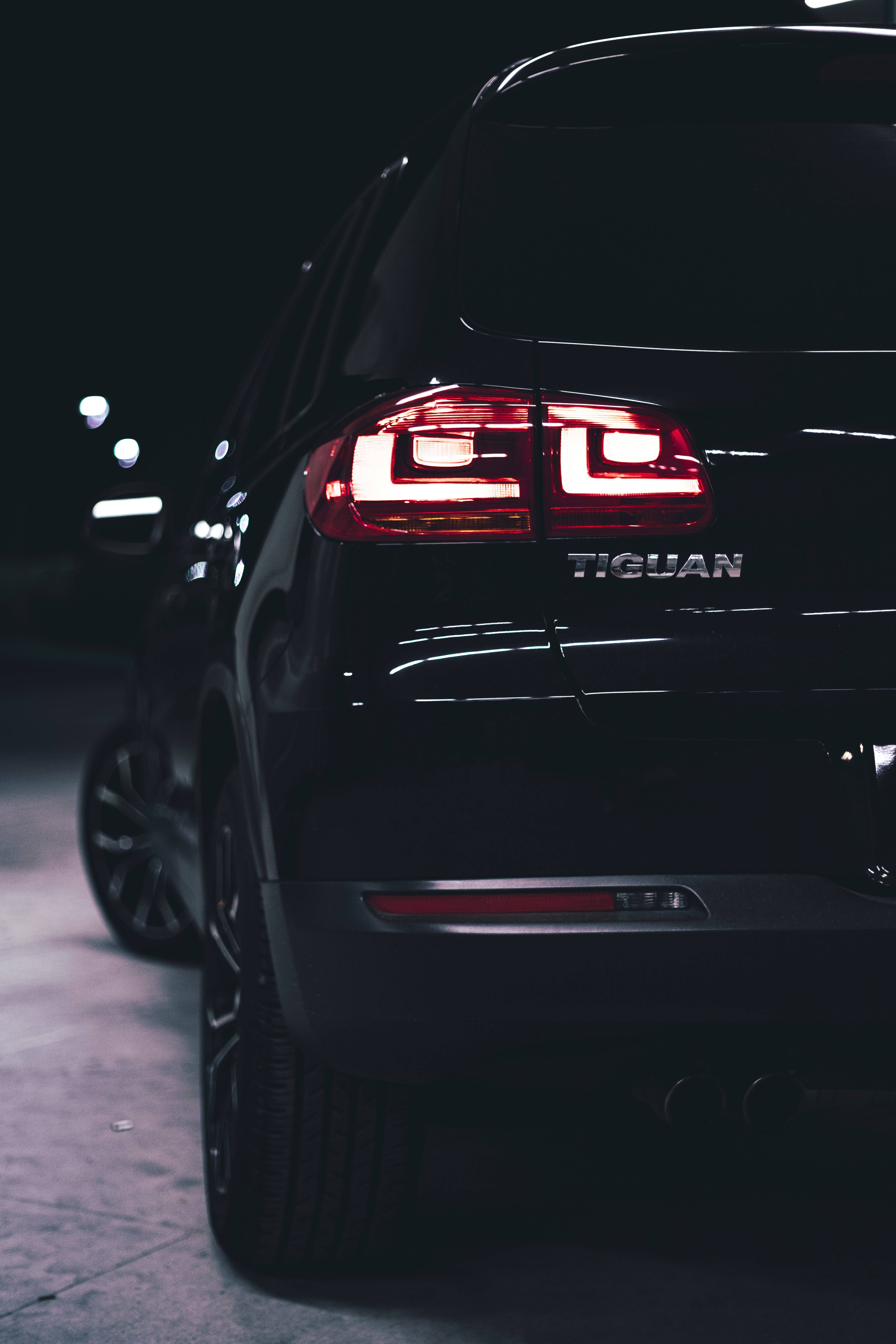 Volkswagen Tiguan, black, glowing red taillights, 5K Phone Wallpaper