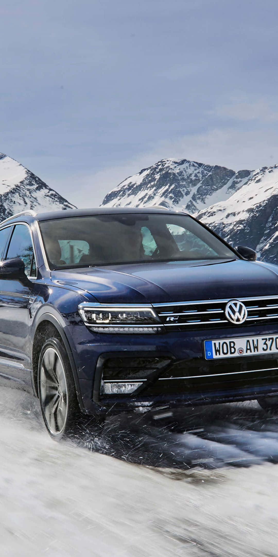 Volkswagen Tiguan, snowy terrain, snow-capped mountains, Full HD Phone Wallpaper