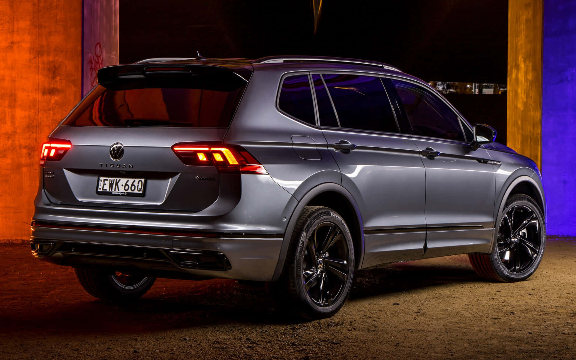 Volkswagen Tiguan, silver, neon lights, Full HD Desktop Wallpaper