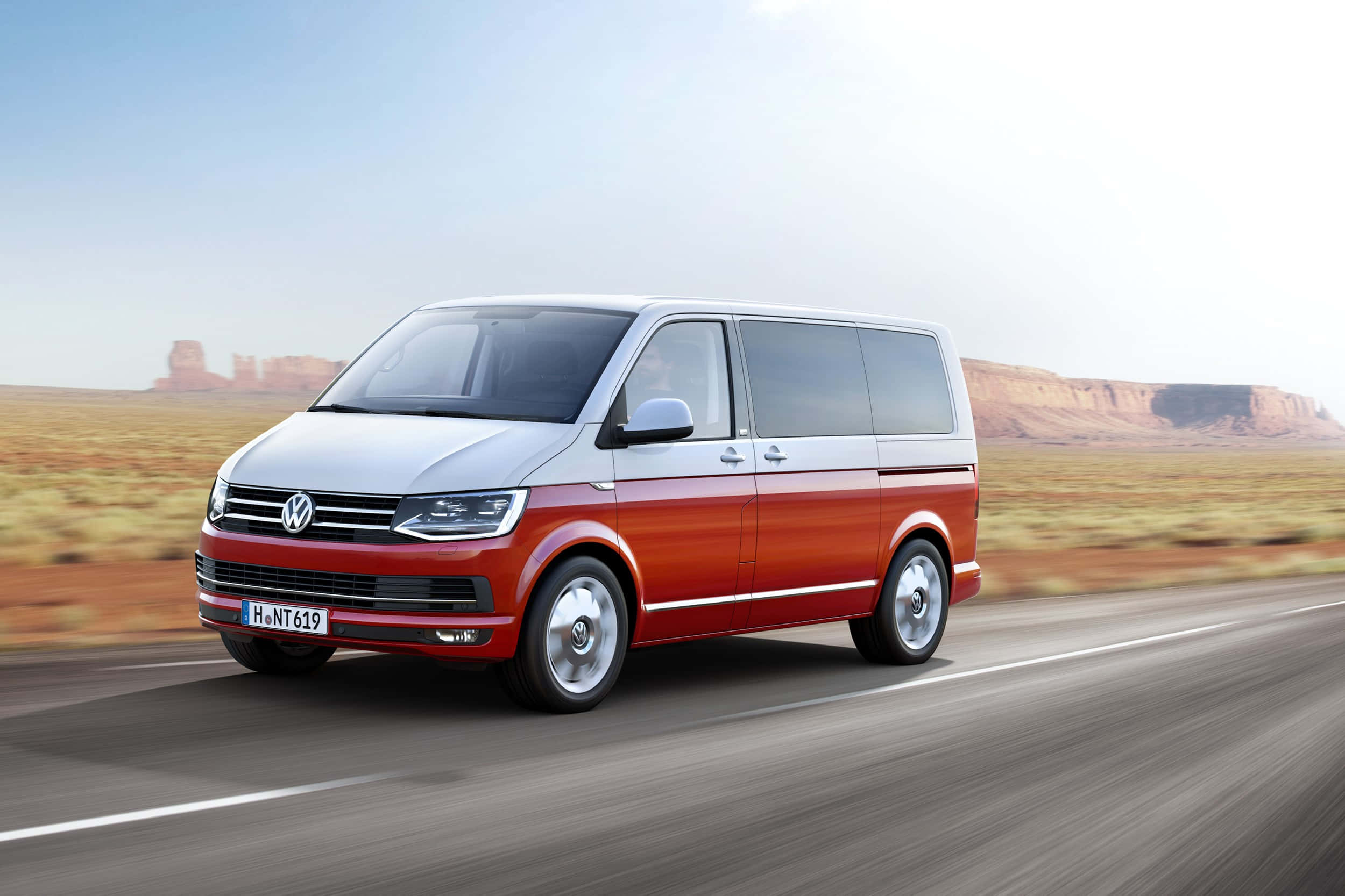 Volkswagen Transporter, red and silver, desert highway, Full HD Desktop Wallpaper