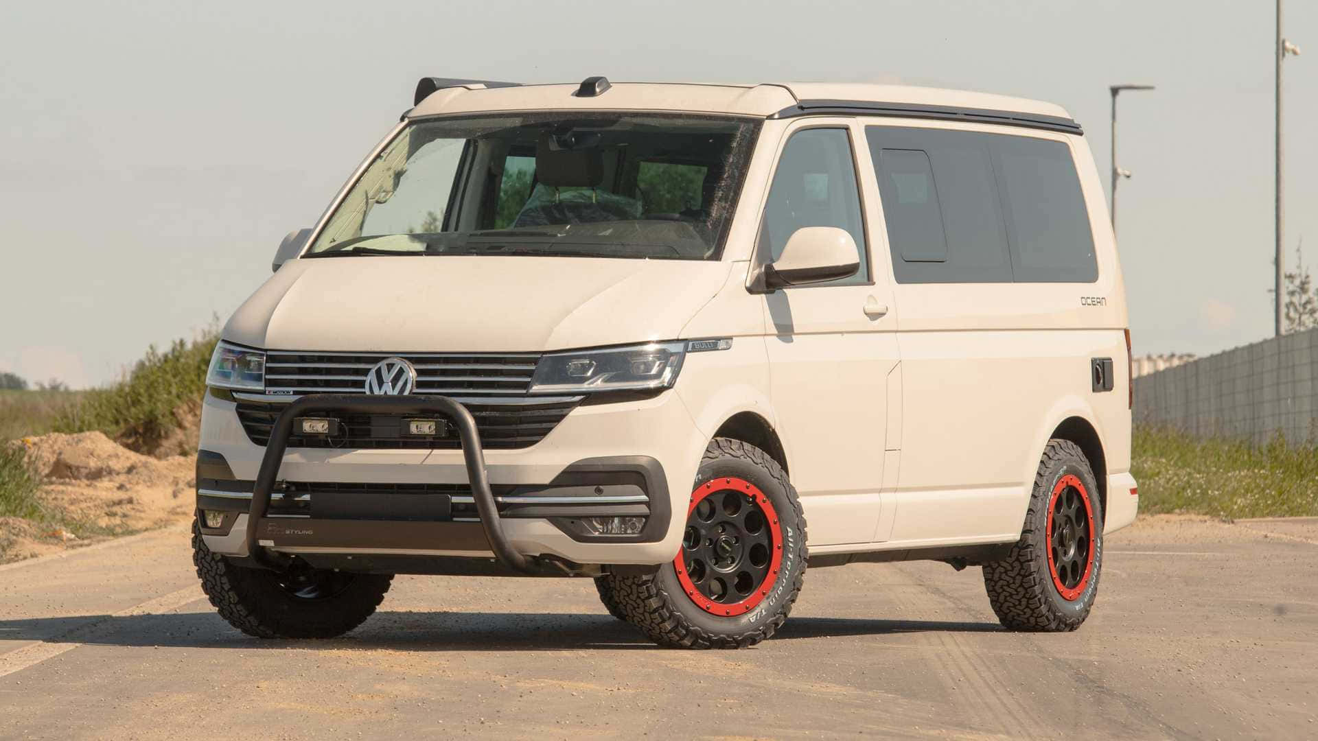 Volkswagen Transporter, cream-colored, red-rimmed wheels, Full HD Desktop Wallpaper