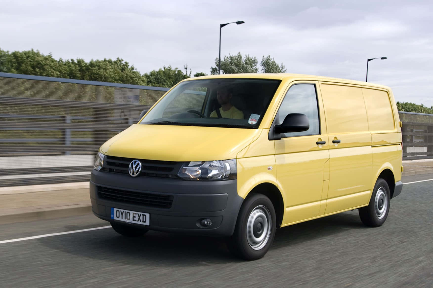 Volkswagen Transporter, bright yellow, highway, HD Desktop Wallpaper