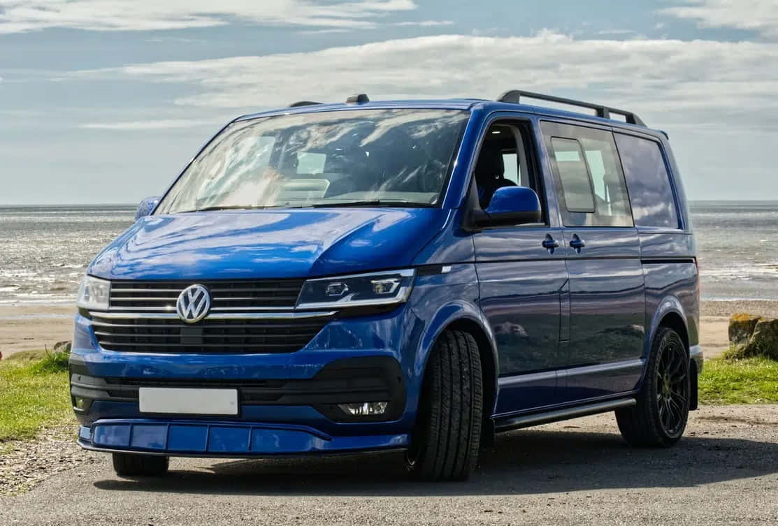 Volkswagen Transporter, glossy blue, gravel beach, SD Desktop Wallpaper