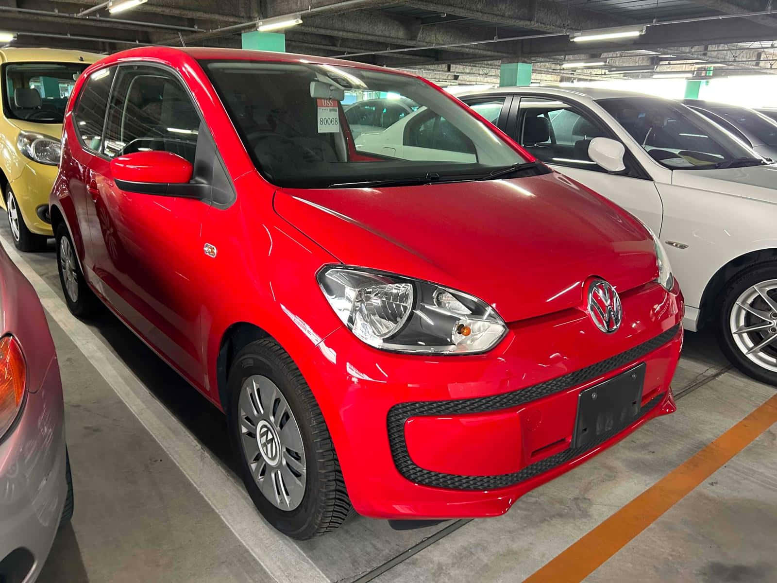 Red Volkswagen Up, glossy red, indoor parking garage, HD Desktop Wallpaper