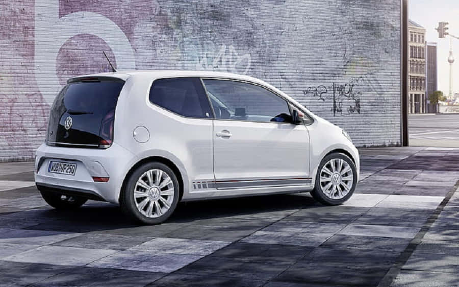 Volkswagen Up, white, checkered pavement, SD Desktop Wallpaper