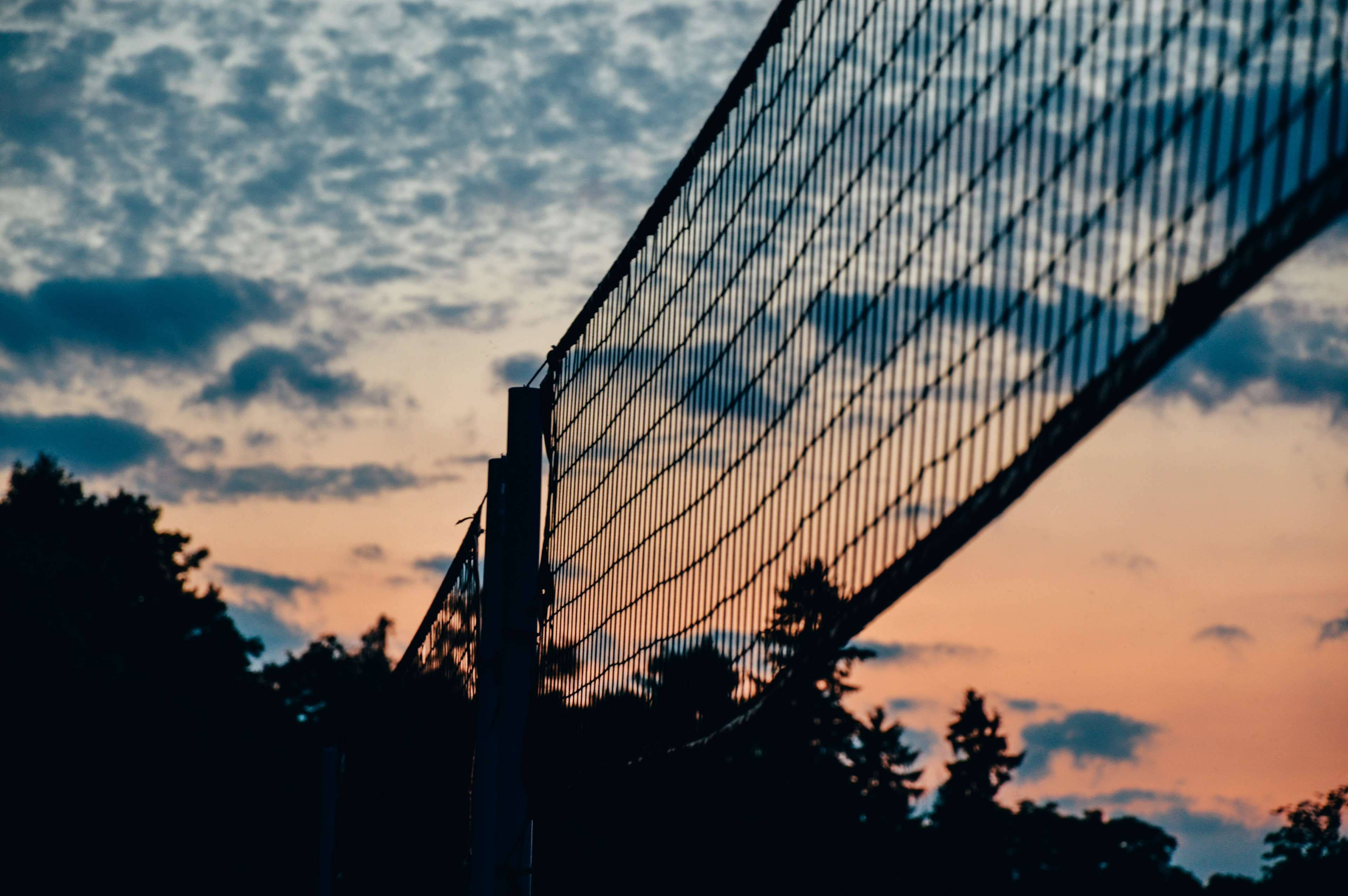 silhouette, volleyball net, twilight sky, 4K Desktop Wallpaper