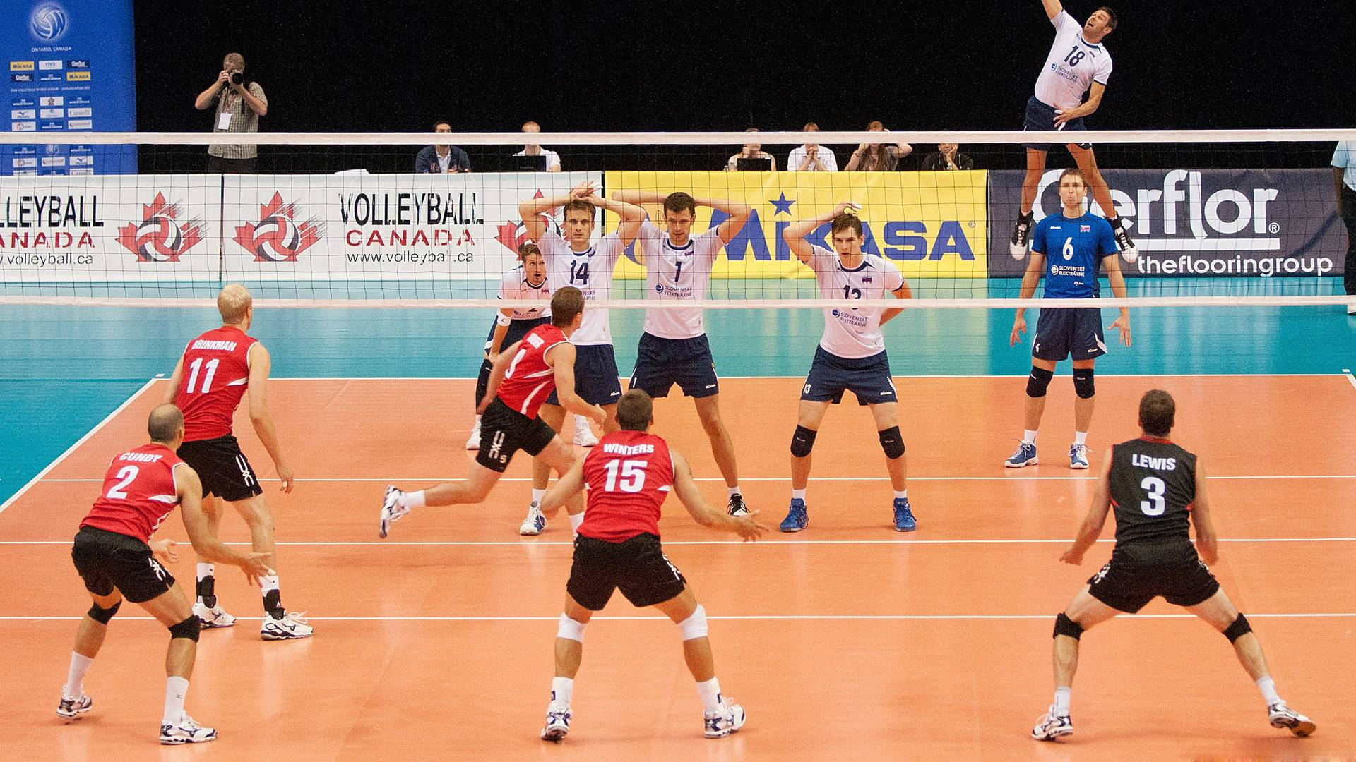 Volleyball, red and blue jerseys, professional indoor match, Full HD Desktop Wallpaper