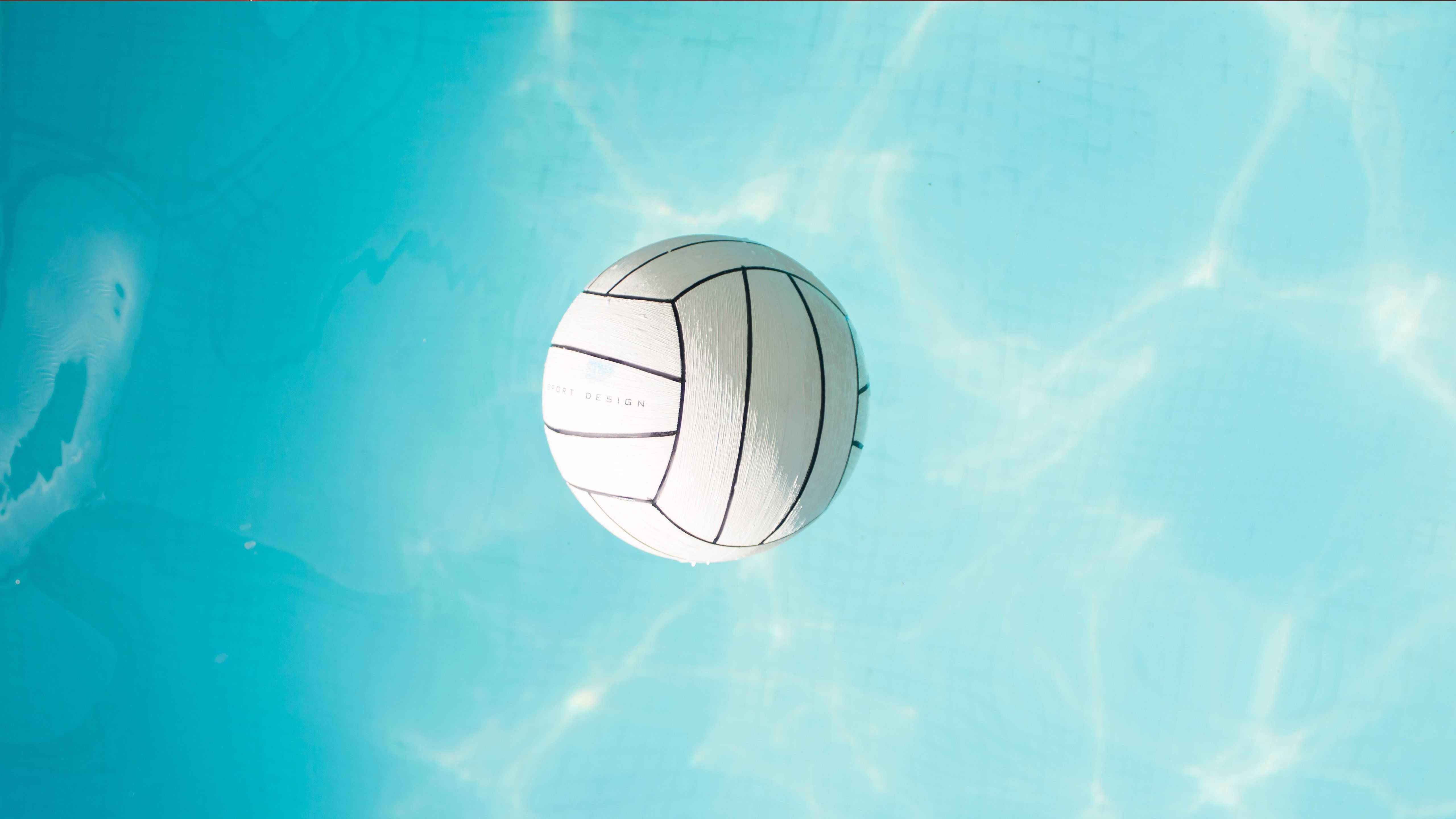 white volleyball, clear turquoise pool, rippling light patterns, 5K Desktop Wallpaper