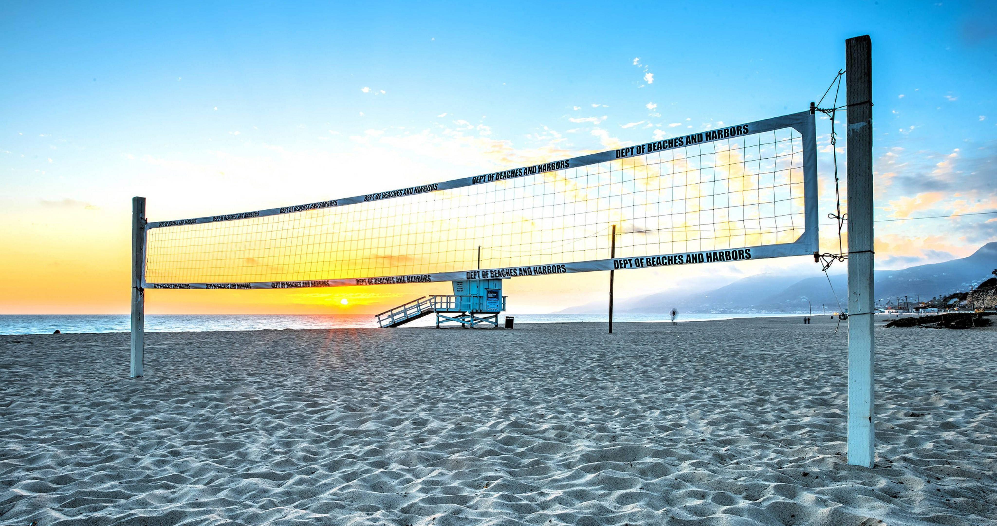 beach court volleyball, sunset, sandy beach, 4K Desktop Wallpaper