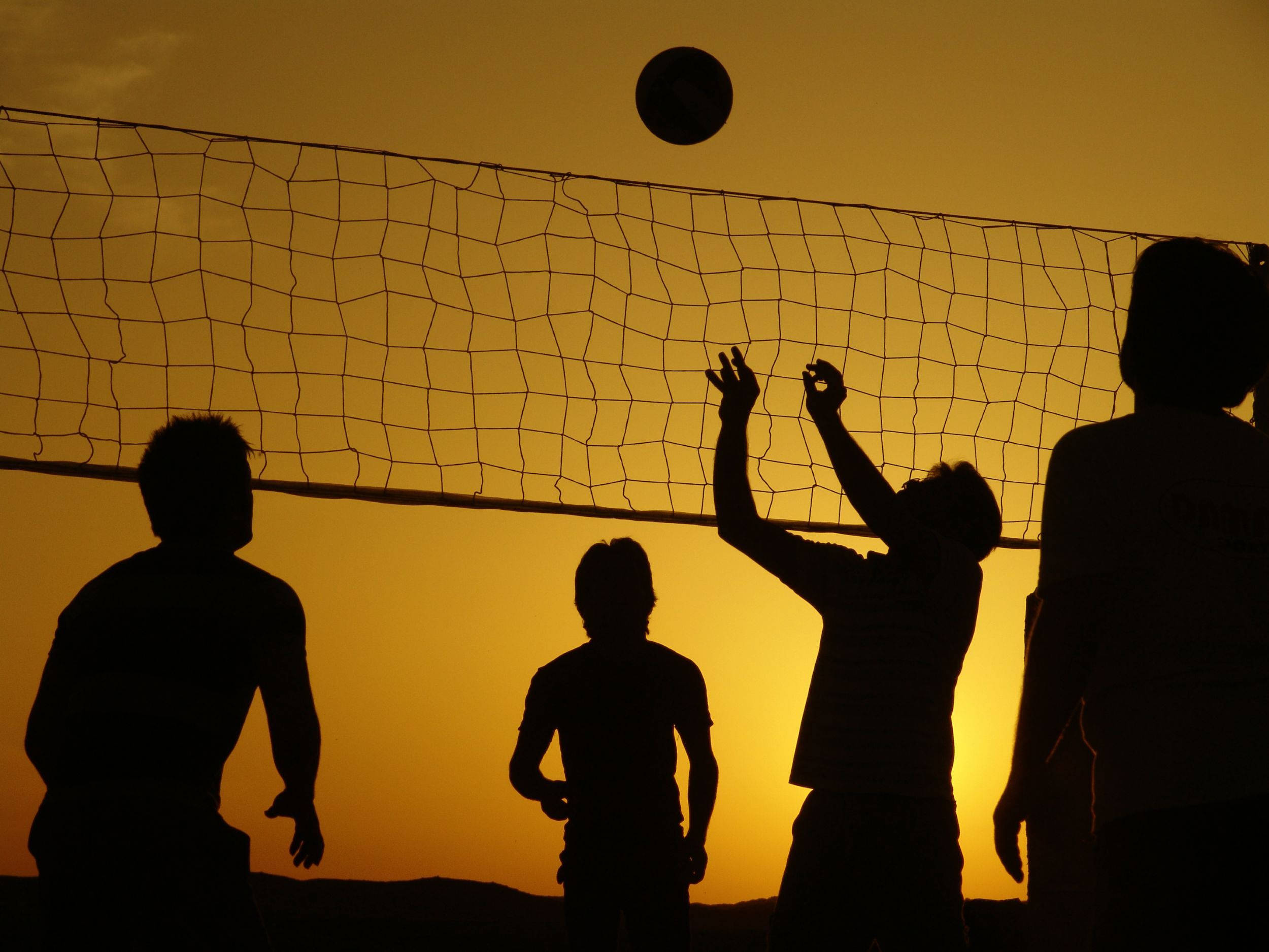 Beach Volleyball 4K Game, silhouetted volleyball players, net, Full HD Desktop Wallpaper