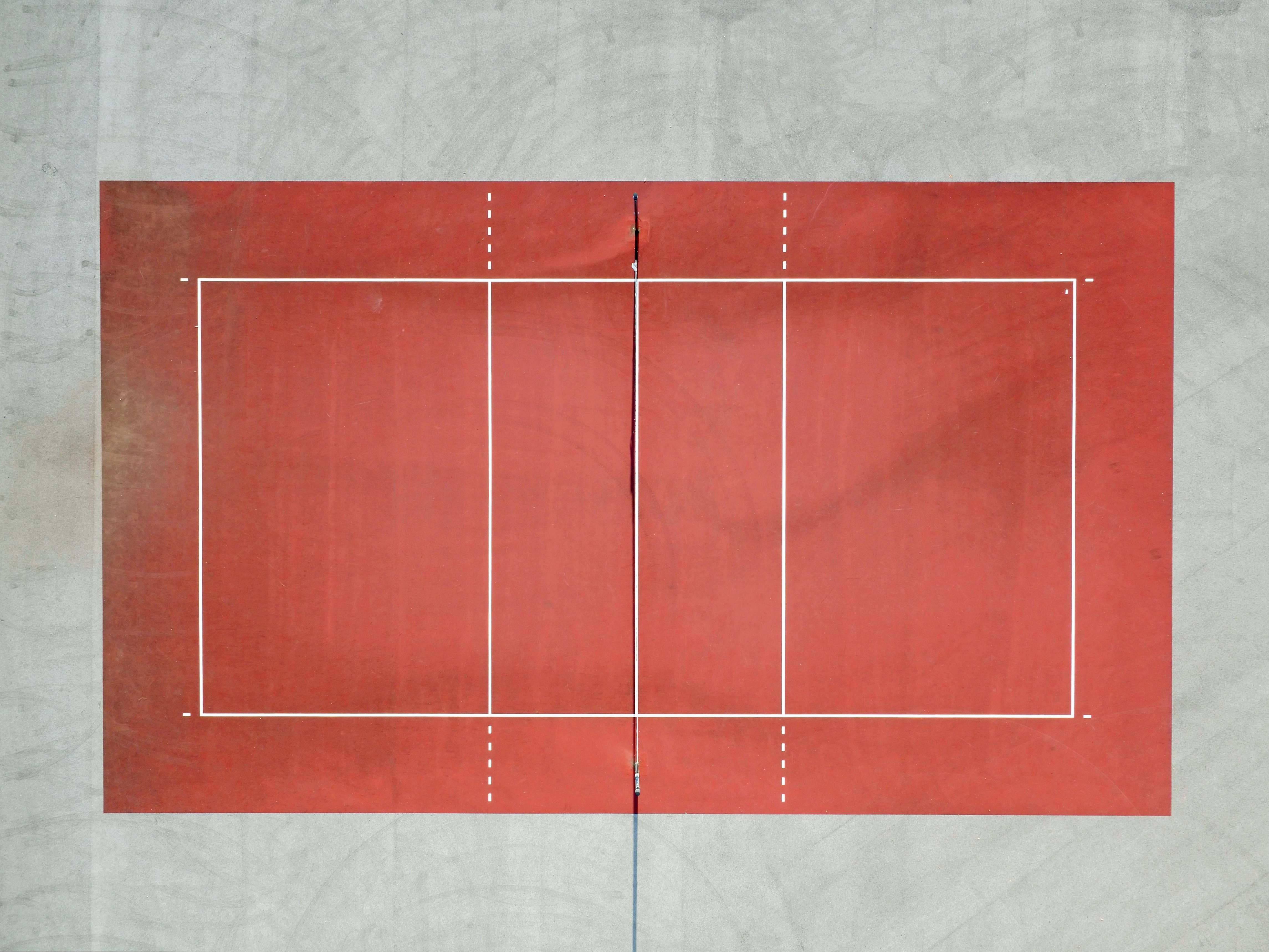 red volleyball court, white lines, net, 4K Desktop Wallpaper