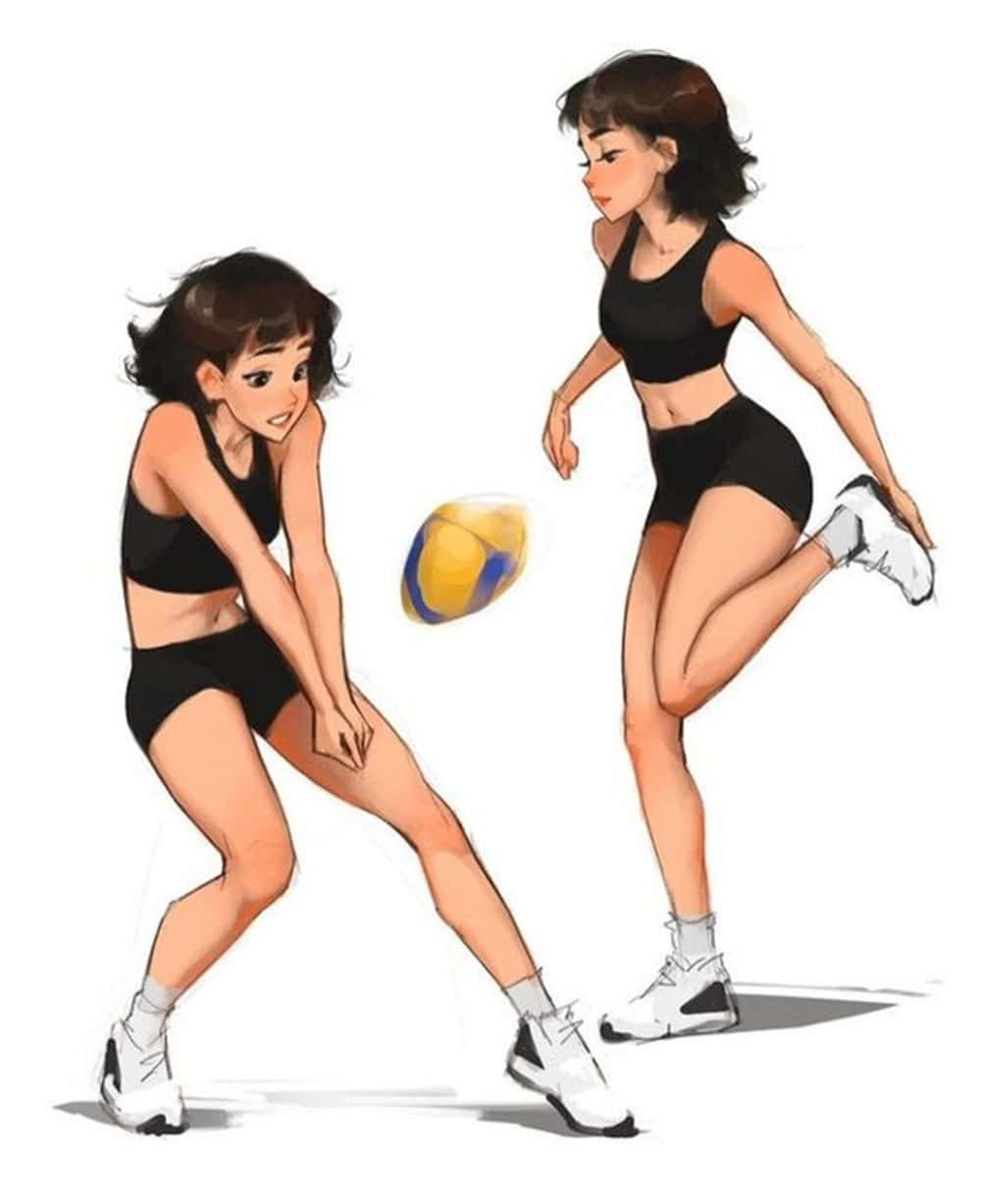 anime-style girls, black athletic wear, volleyball, SD Phone Wallpaper