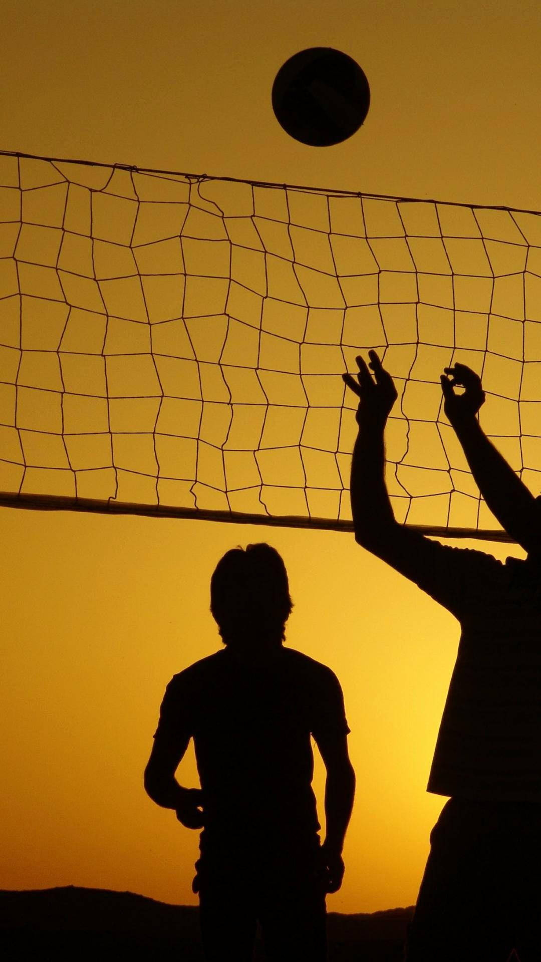silhouette, two people, volleyball, Full HD Phone Wallpaper