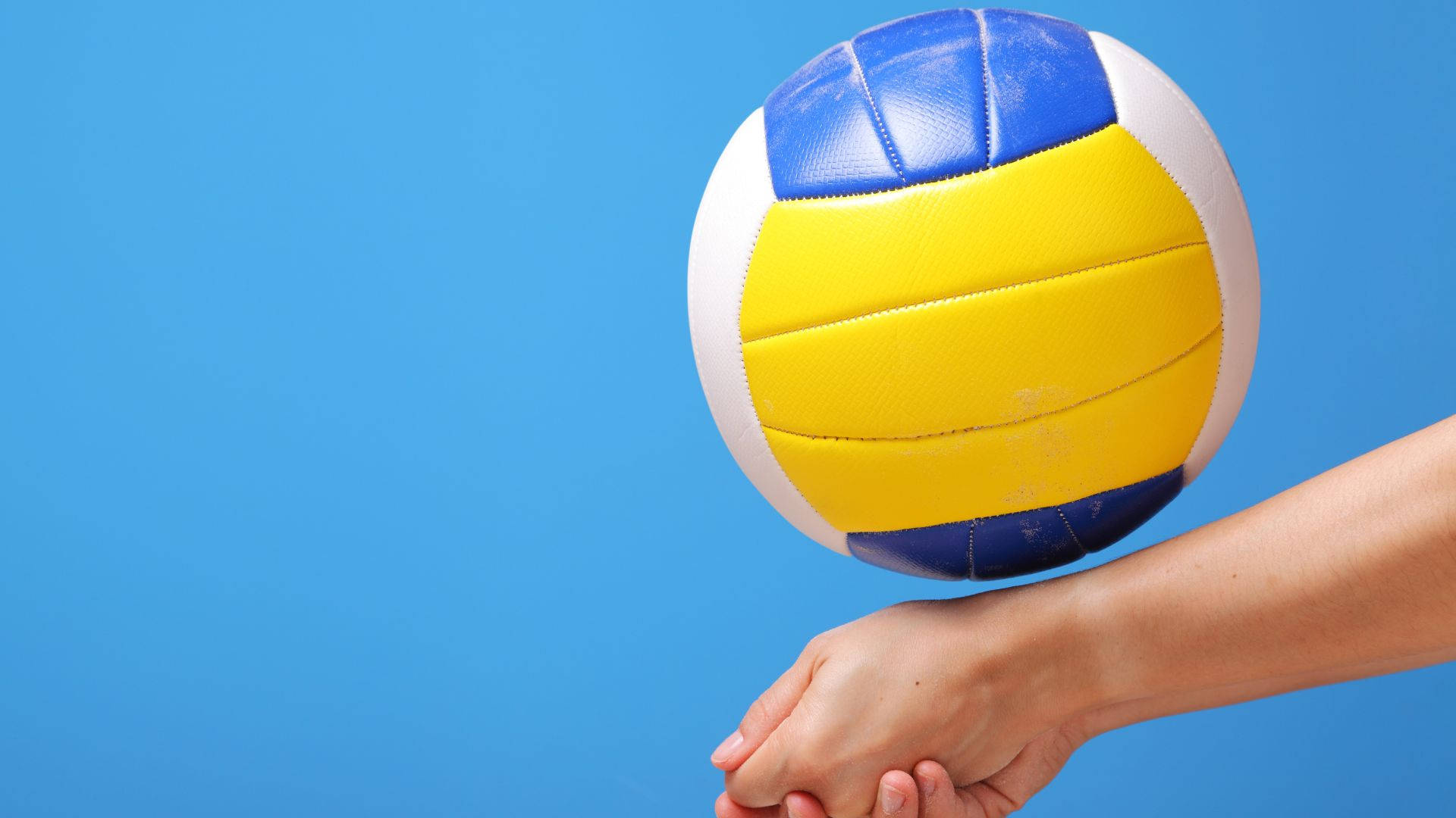 blue yellow and white volleyball, solid blue background, volleyball, Full HD Desktop Wallpaper