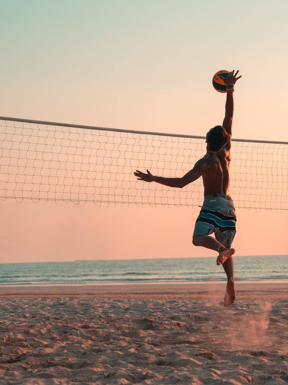 sandy beach, sunset, volleyball, HD Phone Wallpaper