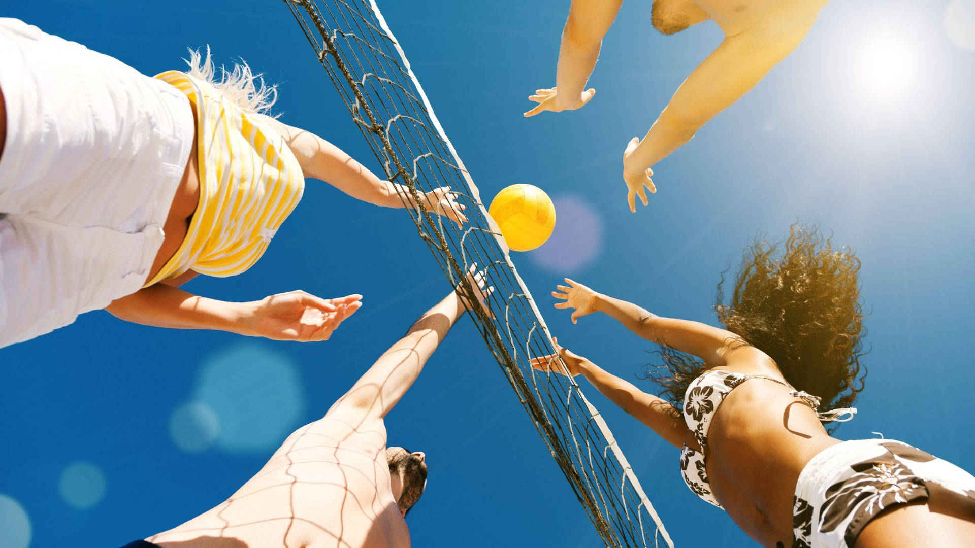 beach volleyball, yellow ball, vivid blue sky, Full HD Desktop Wallpaper
