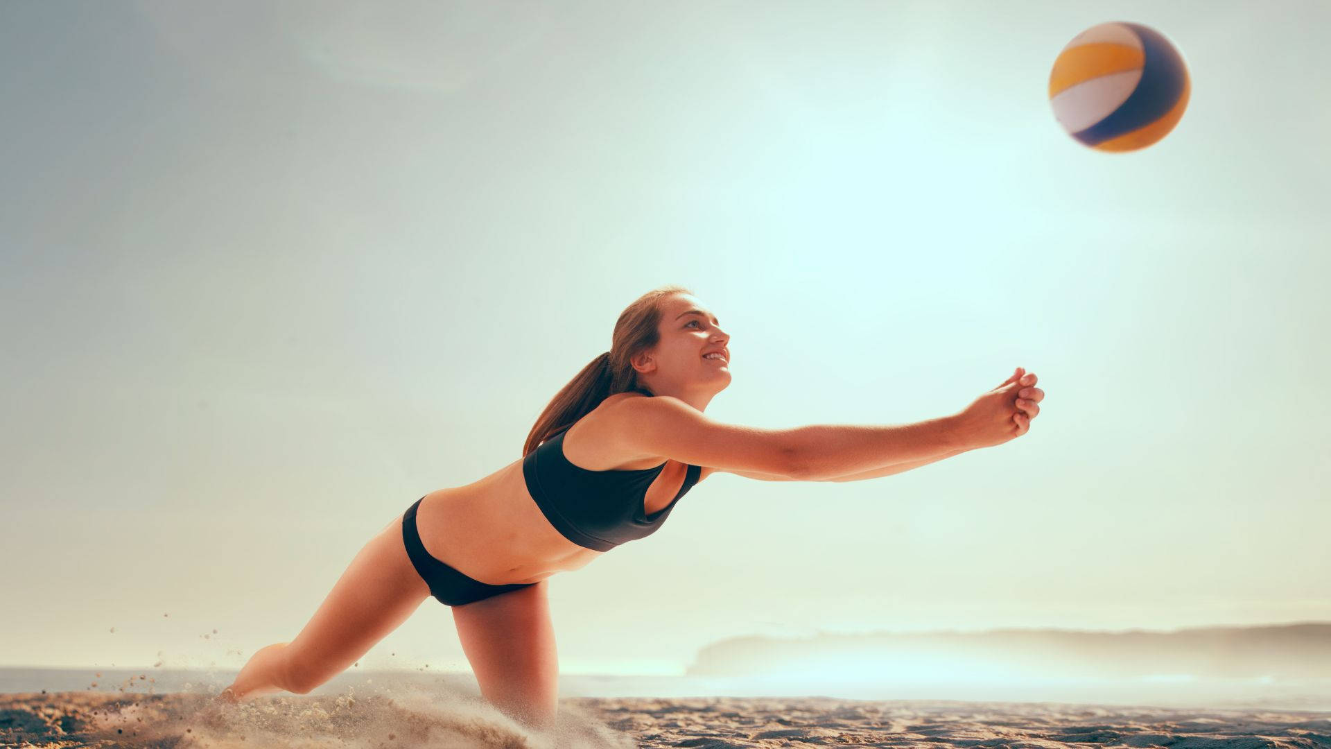 Volleyball Aesthetic, black bikini, sunlit beach, Full HD Desktop Wallpaper