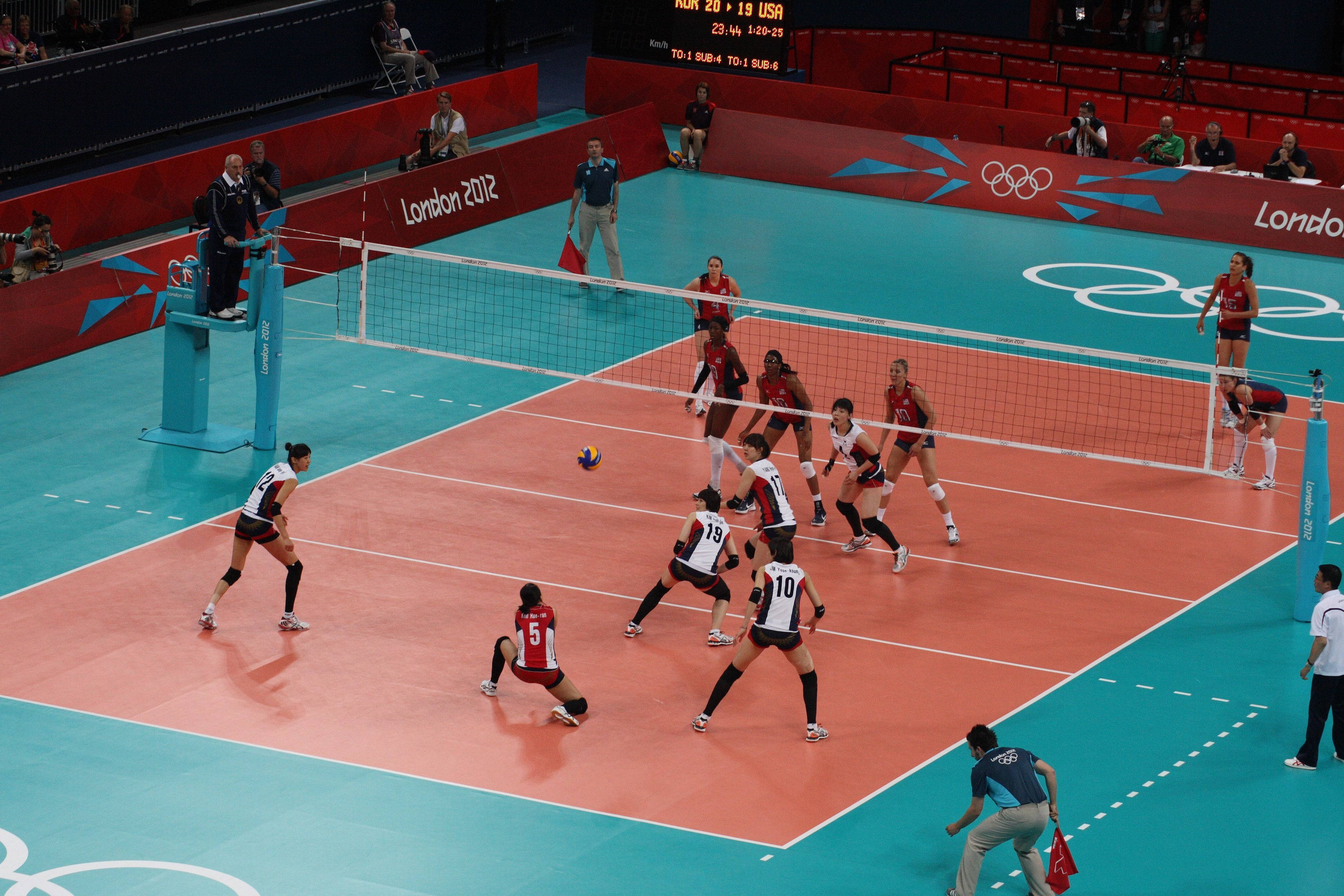 Olympics Game Volleyball 4K, red and white uniforms, bright orange and teal court, 4K Desktop Wallpaper