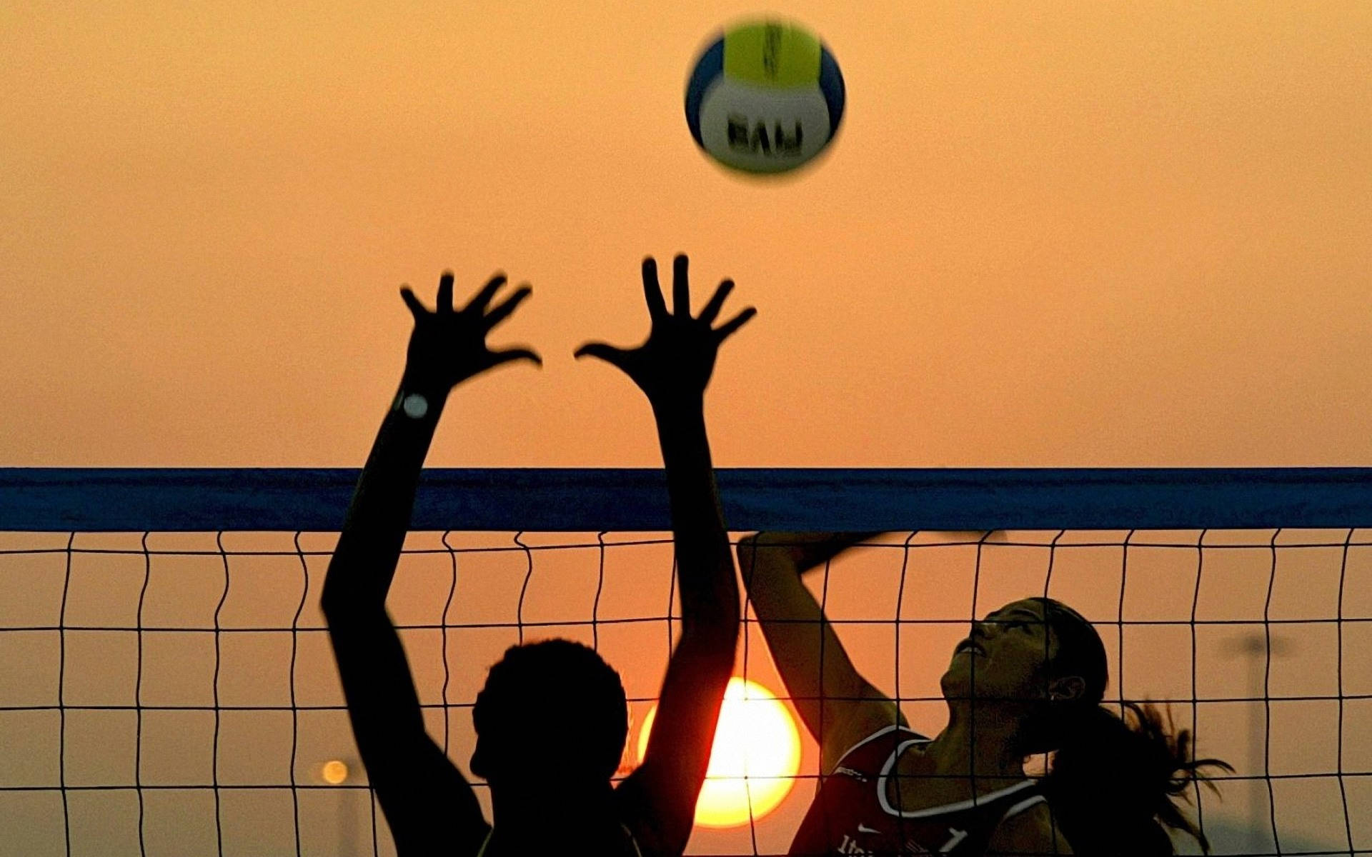 Volleyball Aesthetic, Beach Sunset, Silhouetted volleyball players, Full HD Desktop Wallpaper