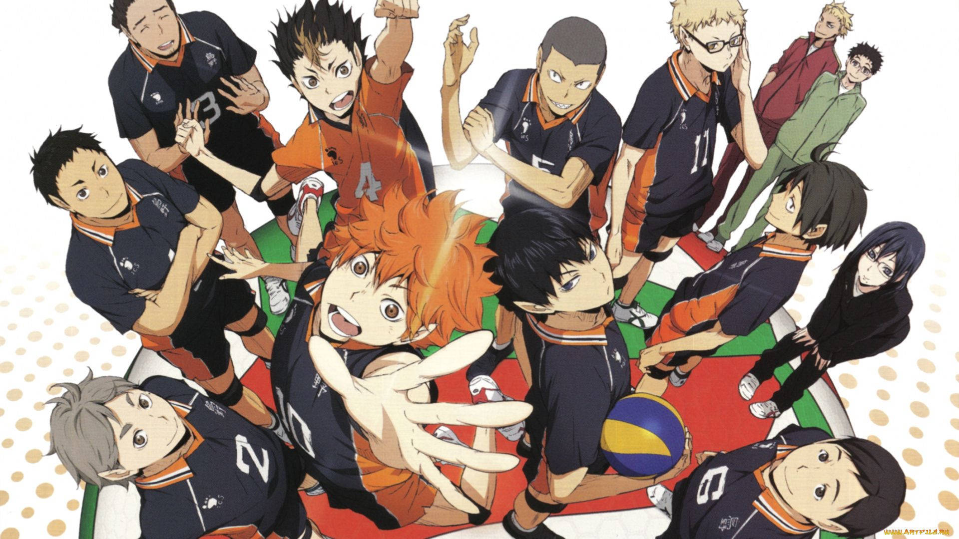 Volleyball Laptop, anime group of volleyball players, team uniforms, Full HD Desktop Wallpaper