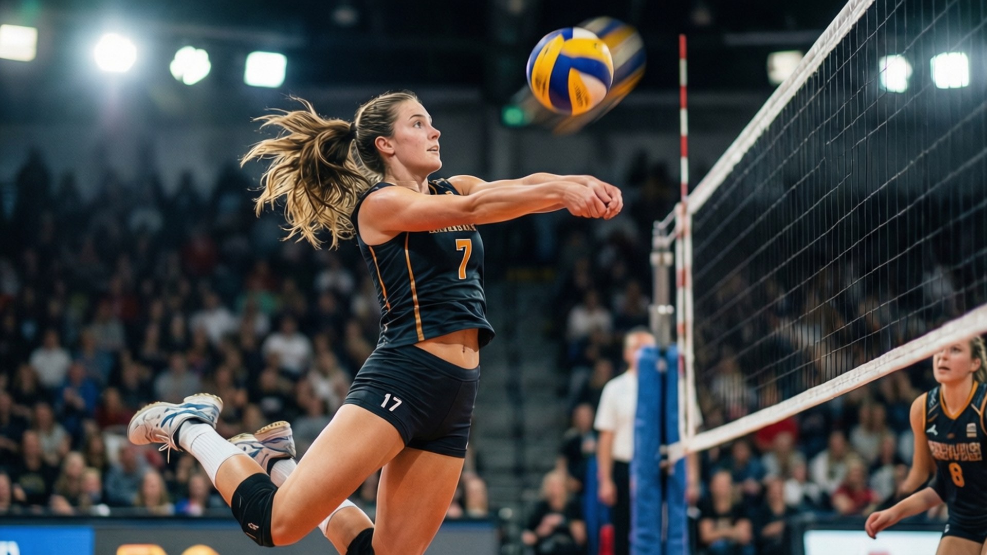 female volleyball player, black jersey with number 7, blue and yellow ball, Full HD Desktop Wallpaper