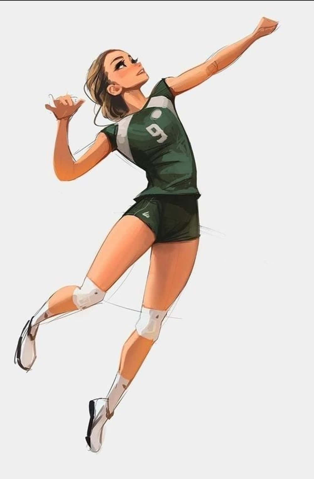 anime-style female volleyball player, green jersey number 9, leaps midair, HD Phone Wallpaper