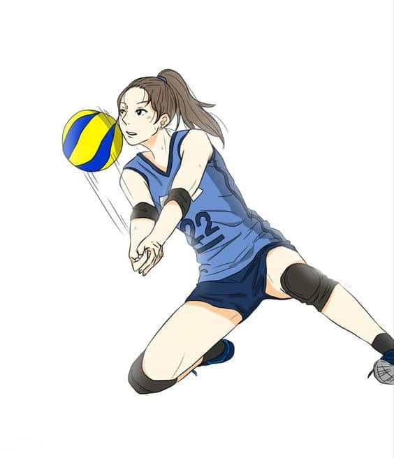Anime girl, blue volleyball uniform, yellow and blue ball, SD Phone Wallpaper