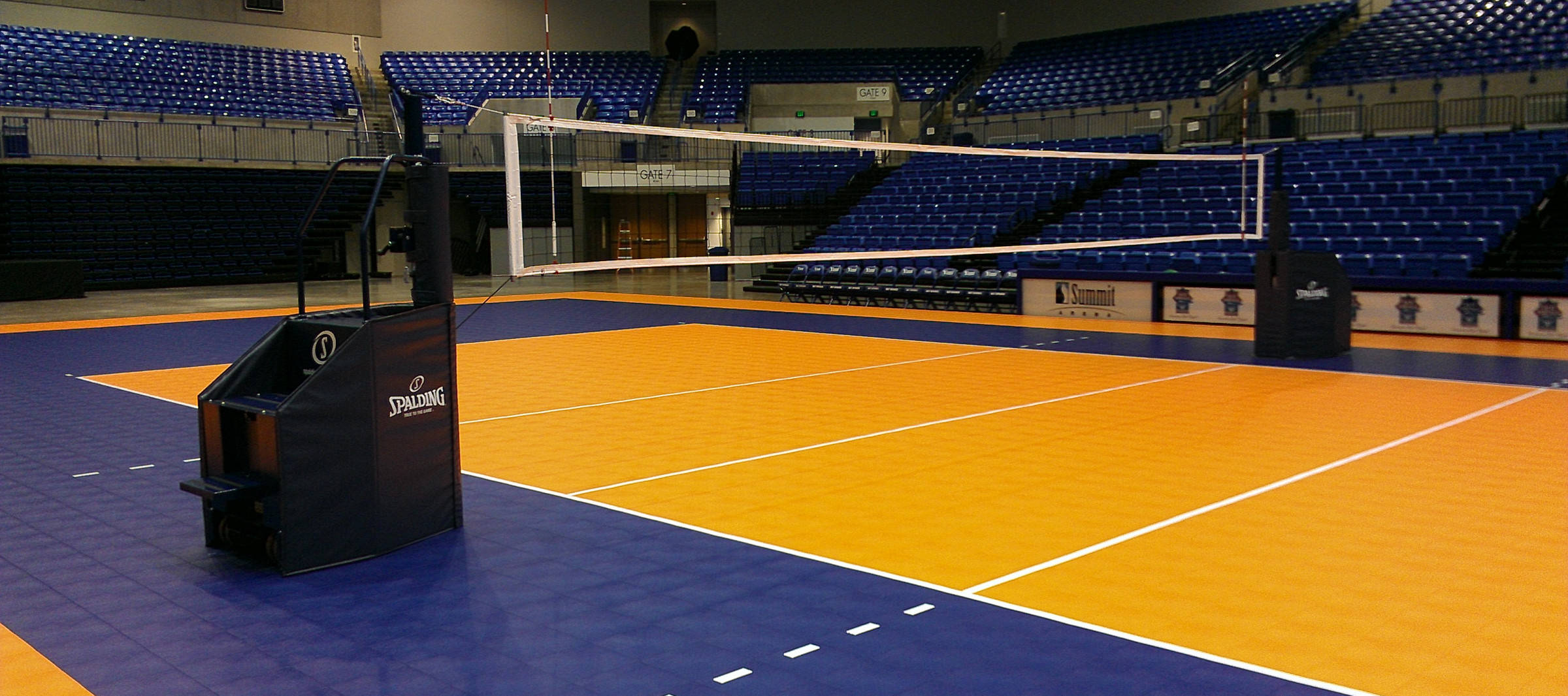 indoor volleyball court, blue seats, orange playing surface, Full HD Desktop Wallpaper
