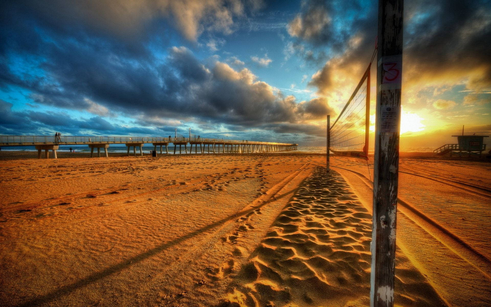 volleyball net, beach, sunset, Full HD Desktop Wallpaper
