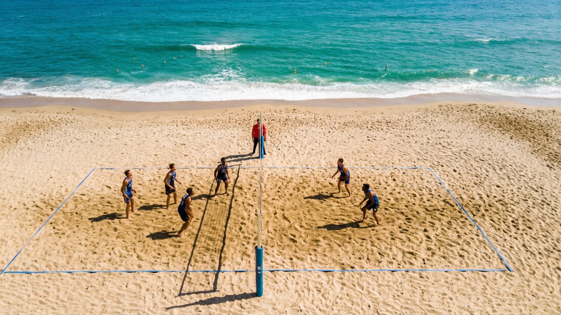 beach volleyball, sandy court, turquoise ocean, Full HD Desktop Wallpaper