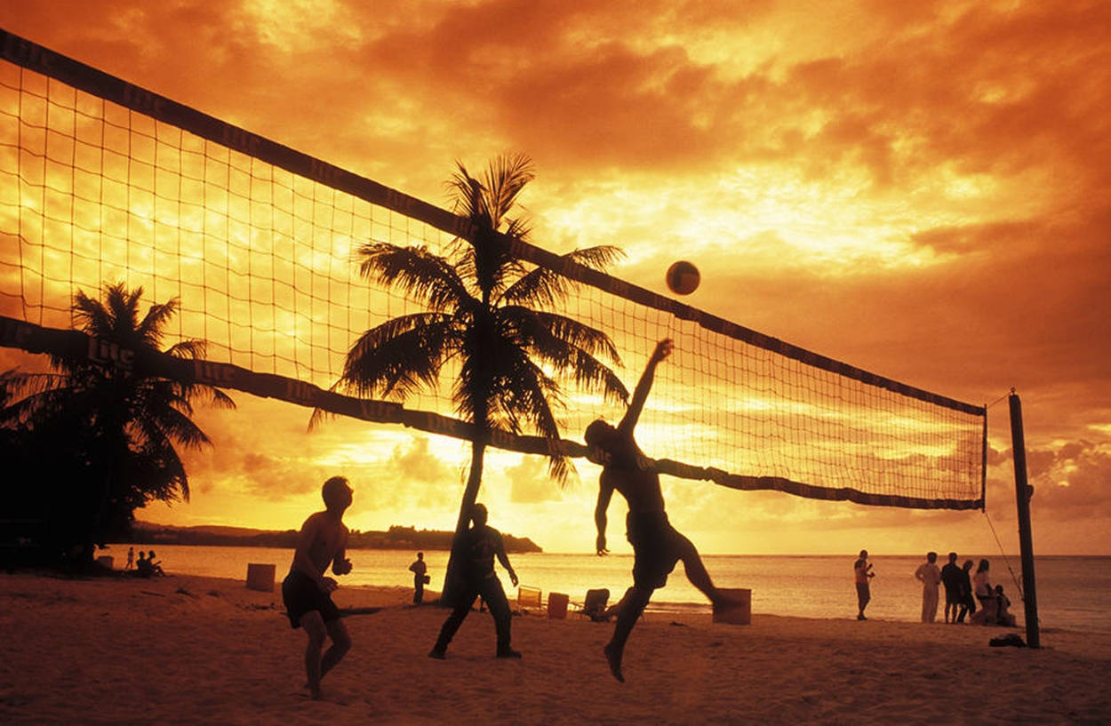 beach volleyball, silhouette, orange sky, SD Desktop Wallpaper