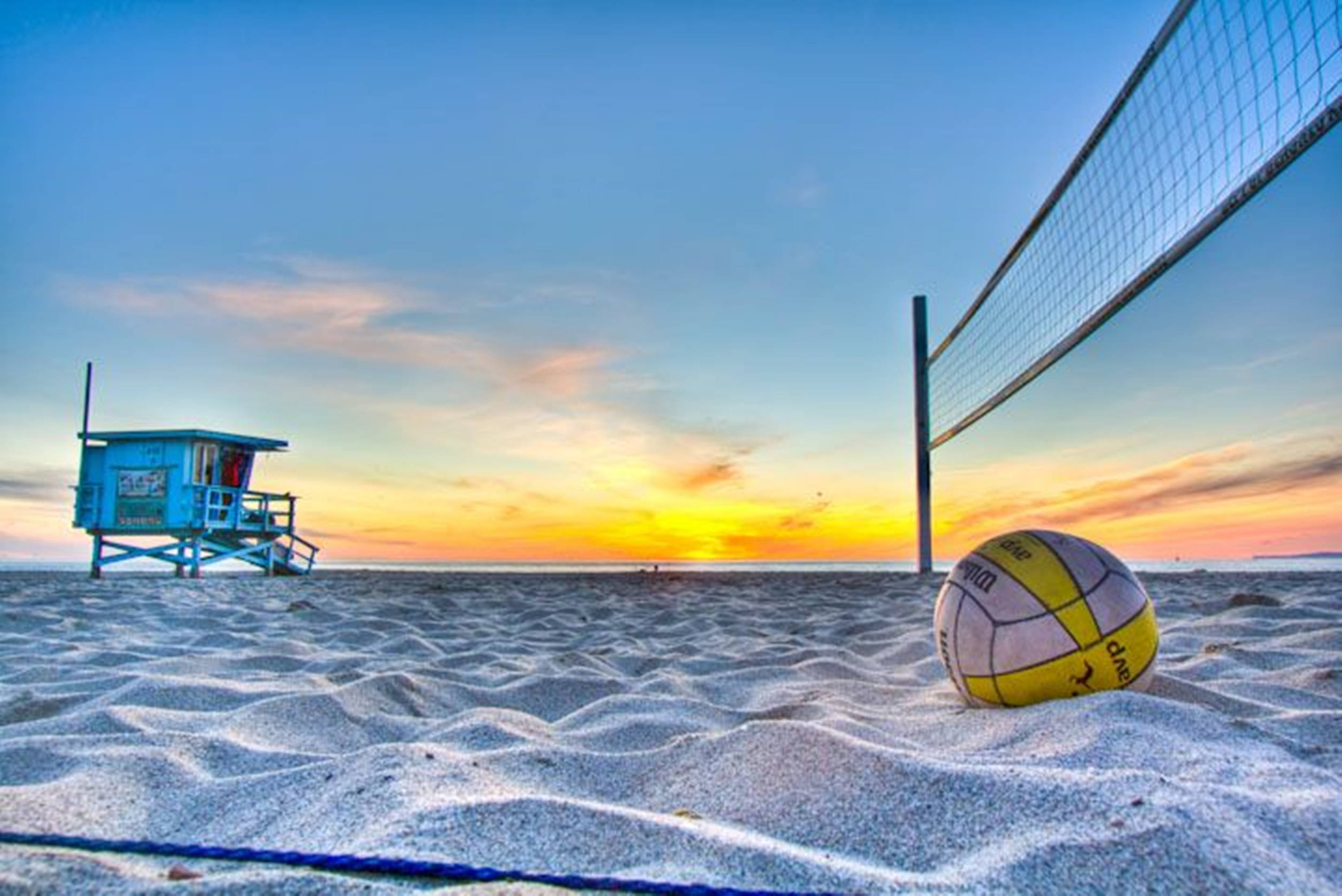 yellow volleyball, blue lifeguard tower, vibrant sunset sky, Full HD Desktop Wallpaper