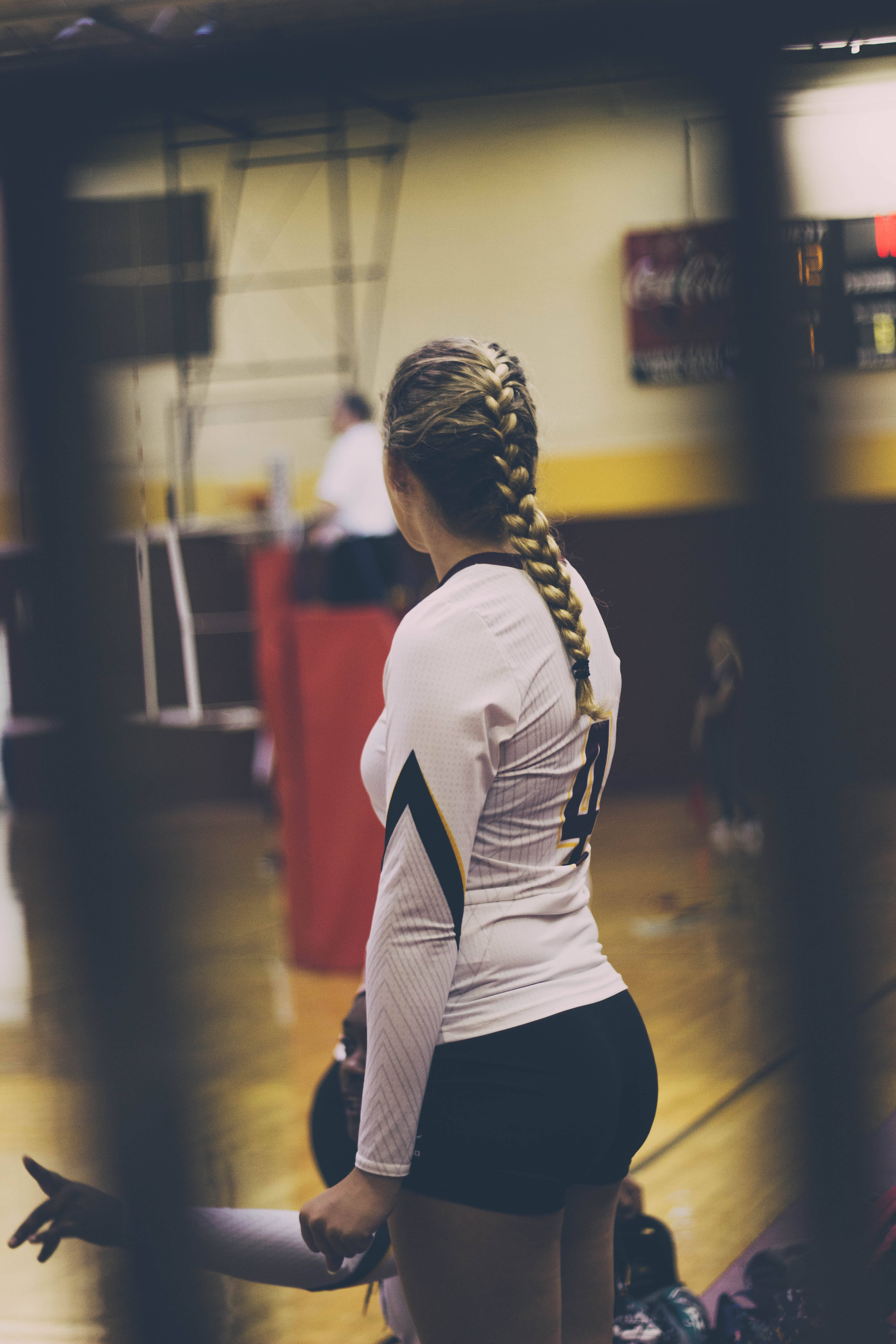female volleyball player, long braided ponytail, gymnasium, 5K Phone Wallpaper