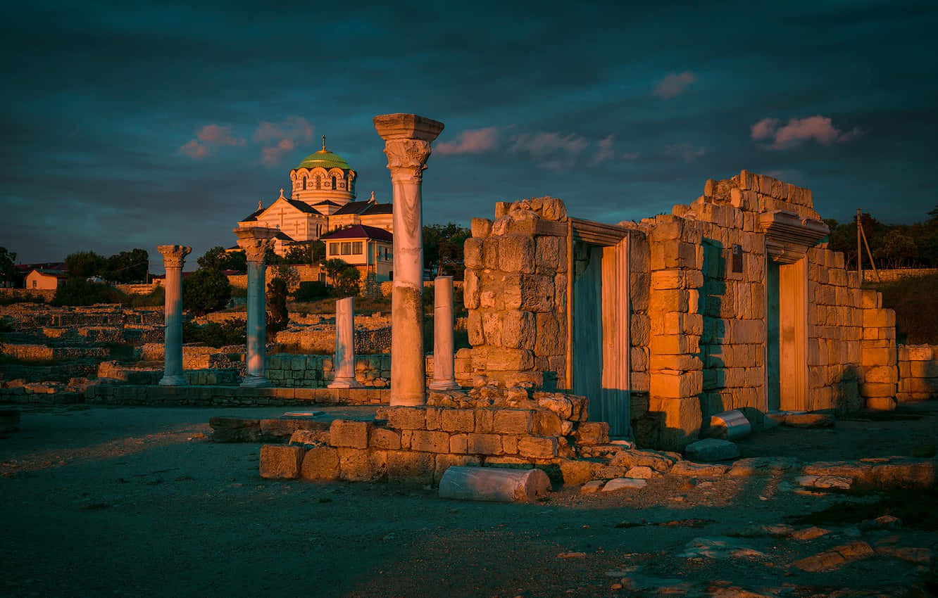 Volubilis, sunset glow, ancient stone ruins, HD Desktop Wallpaper